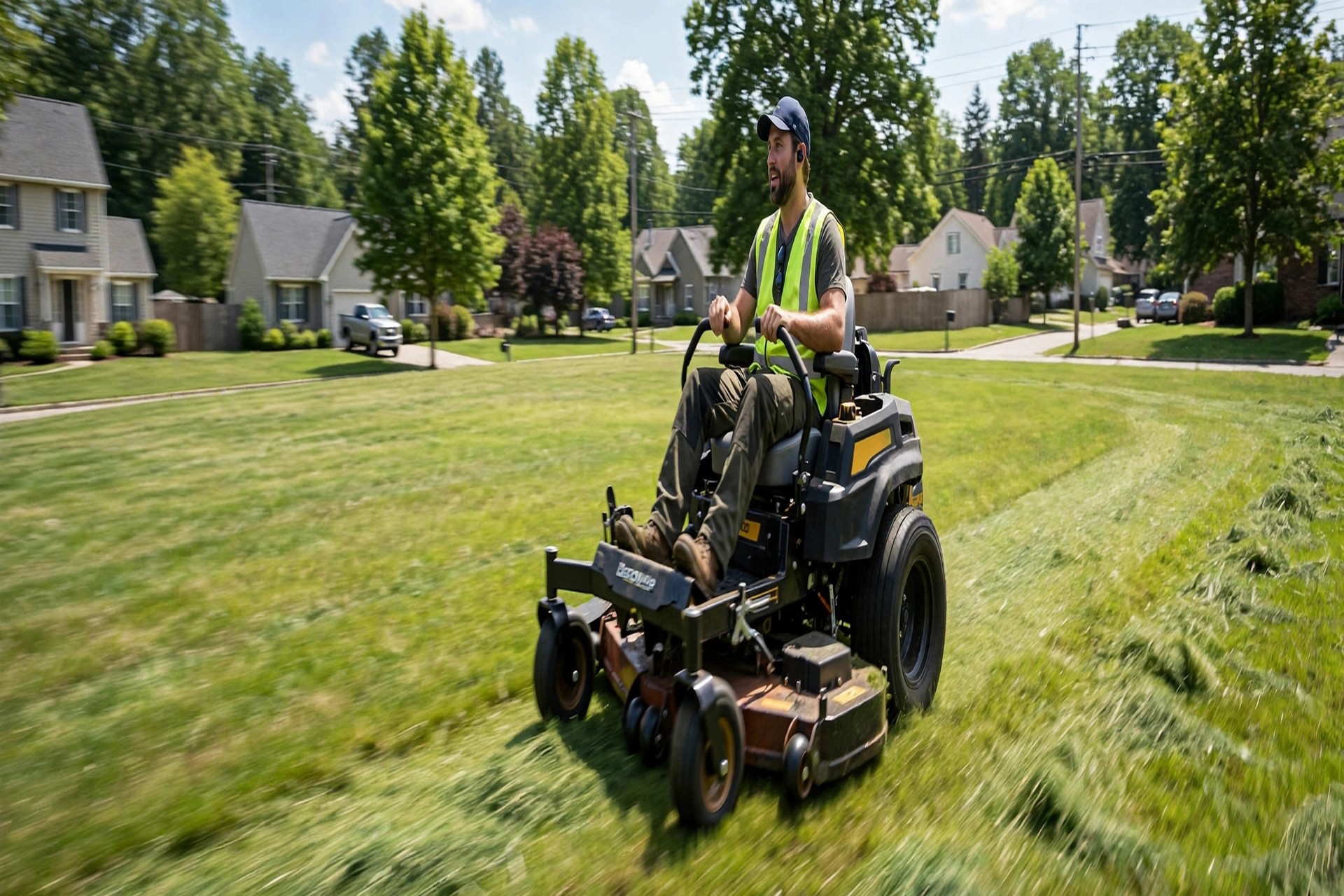 AI Receptionist for Landscaping Companies: Never Miss a Call From the Field A landscaper on a riding mower taking a call with an earpiece