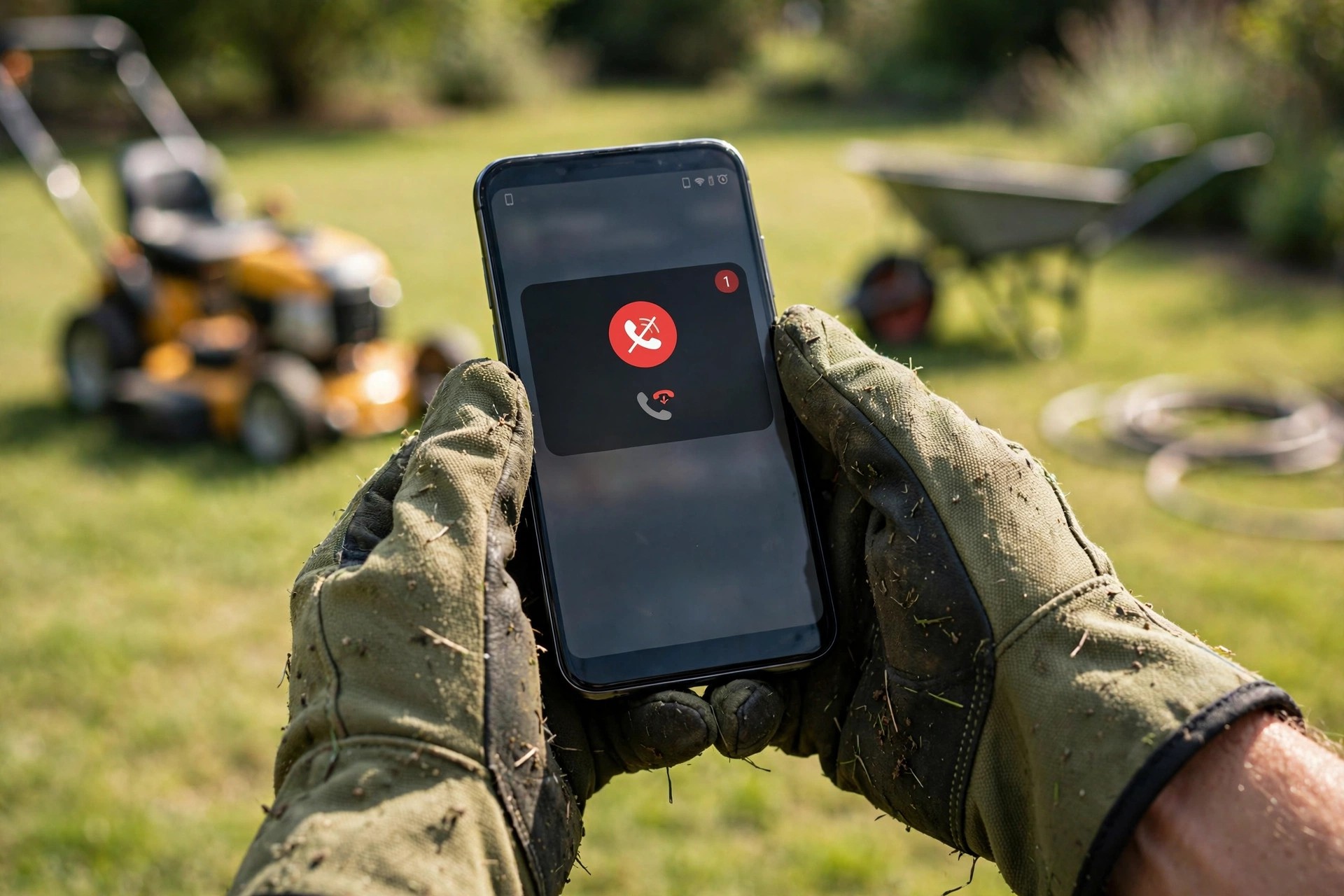 AI Receptionist for Landscaping Companies: Never Miss a Call From the Field A smartphone in gloved hands showing a missed call notification