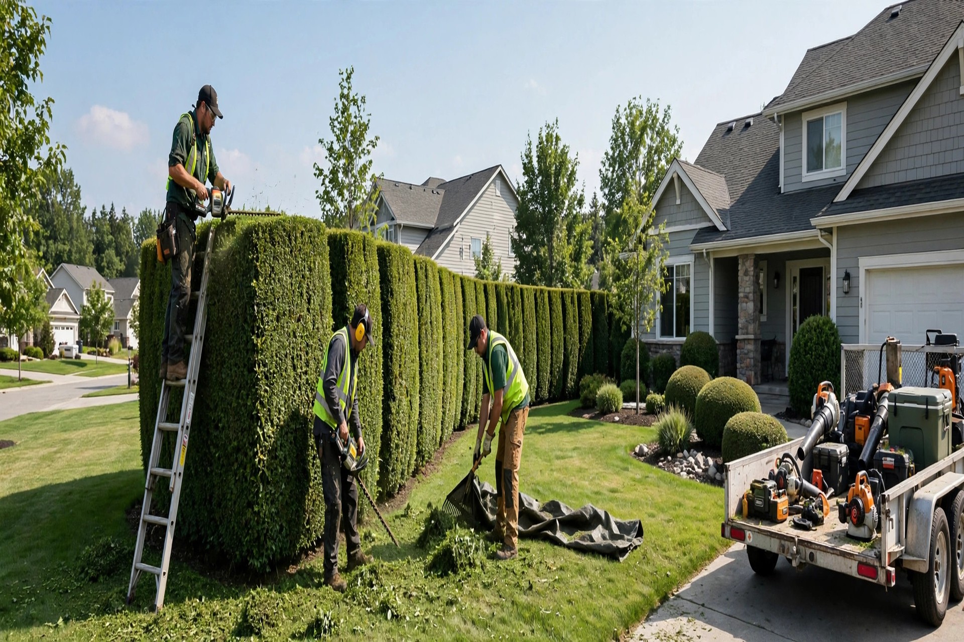 AI Receptionist for Landscaping Companies: Never Miss a Call From the Field A crew trimming hedges at a suburban home