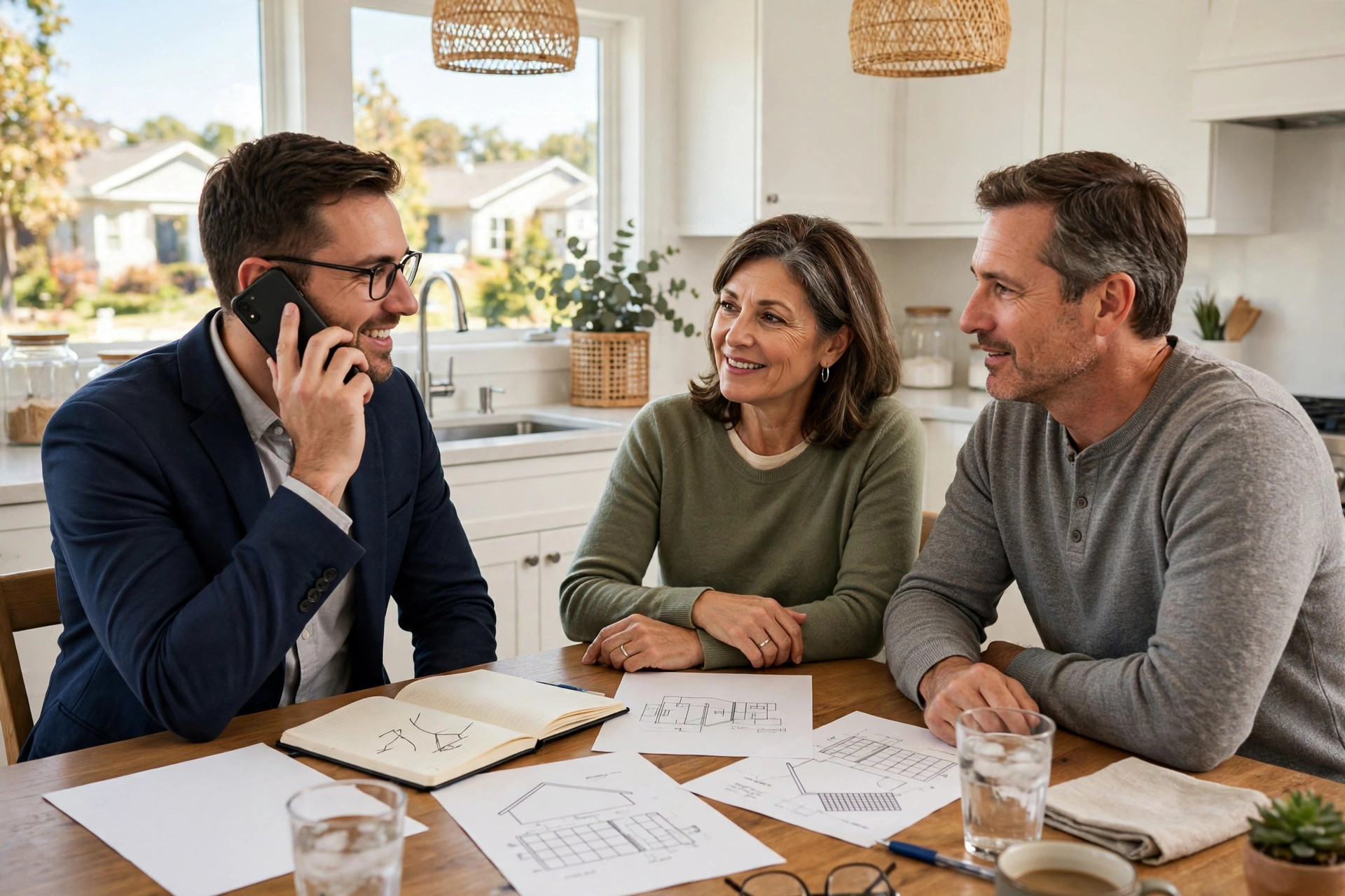 AI Receptionist for Solar Companies: Handling High-Intent Calls 24/7 A solar consultant on the phone with a homeowner couple at their kitchen table