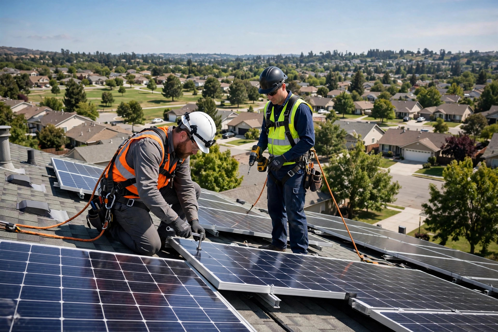 AI Receptionist for Solar Companies: Handling High-Intent Calls 24/7 Technicians installing rooftop solar panels on a suburban home