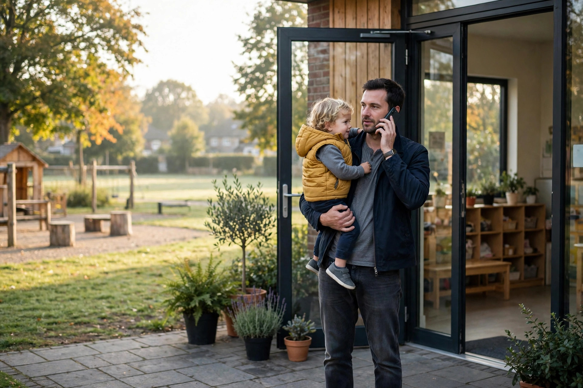 Missed Call Text Back for Daycare Centers: Turn Missed Calls Into Tours Parent holding a toddler while calling a daycare center on a smartphone