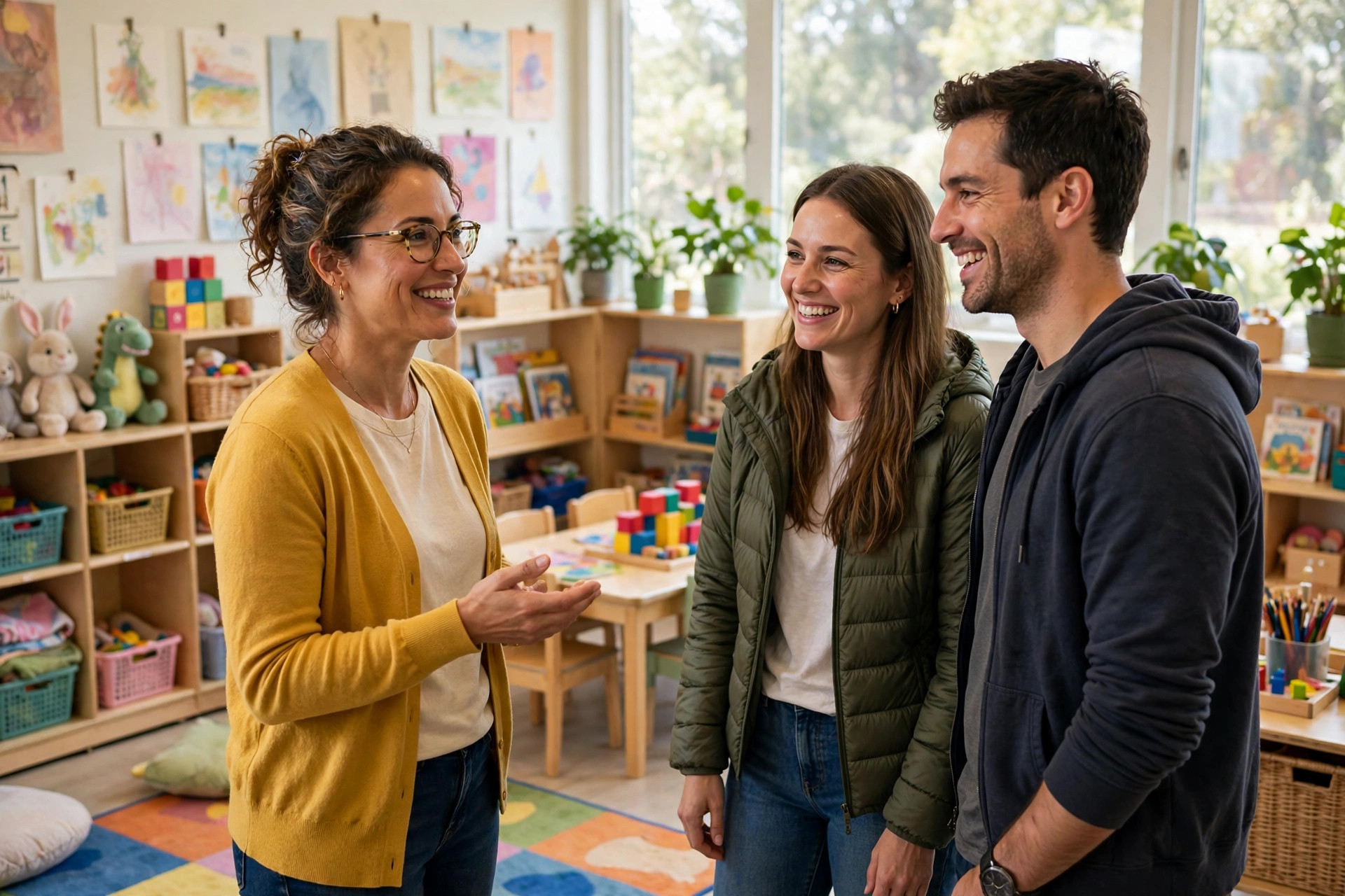 Missed Call Text Back for Daycare Centers: Turn Missed Calls Into Tours Daycare director giving a tour to young parents inside a colorful preschool classroom