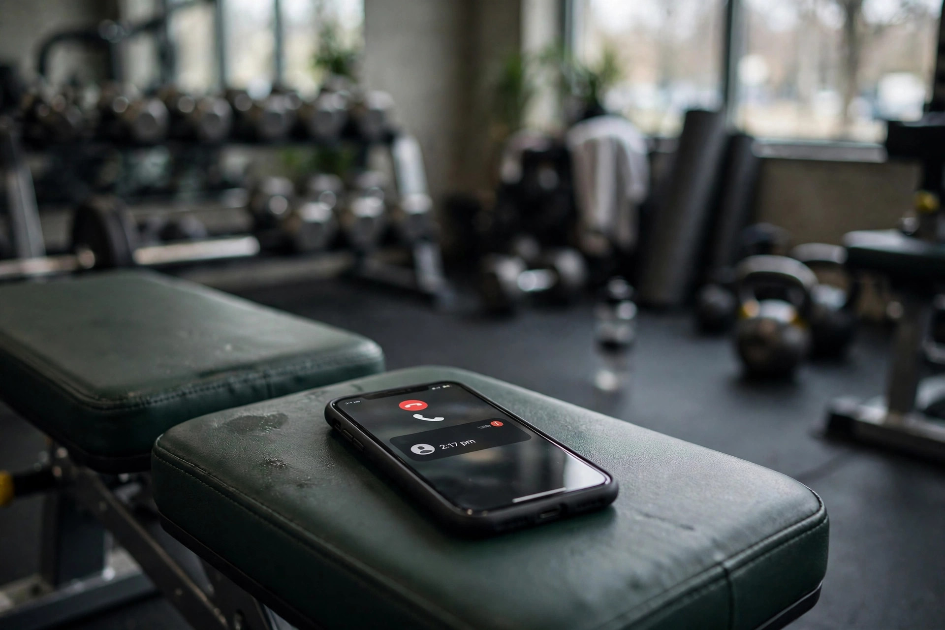 Missed Call Text Back for Gyms: Catch Every Trial-Pass Inquiry Smartphone with a missed call notification resting on a gym bench
