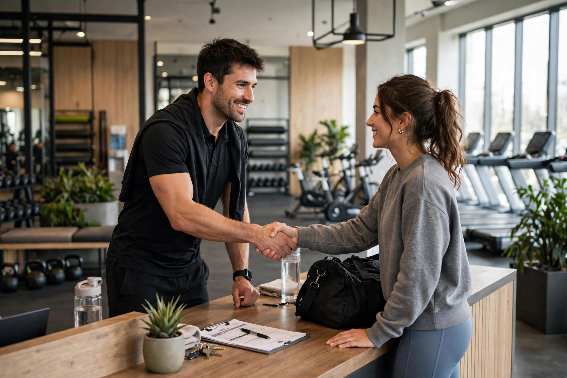 Missed Call Text Back for Gyms: Catch Every Trial-Pass Inquiry Fitness trainer signing up a new member at the gym front desk