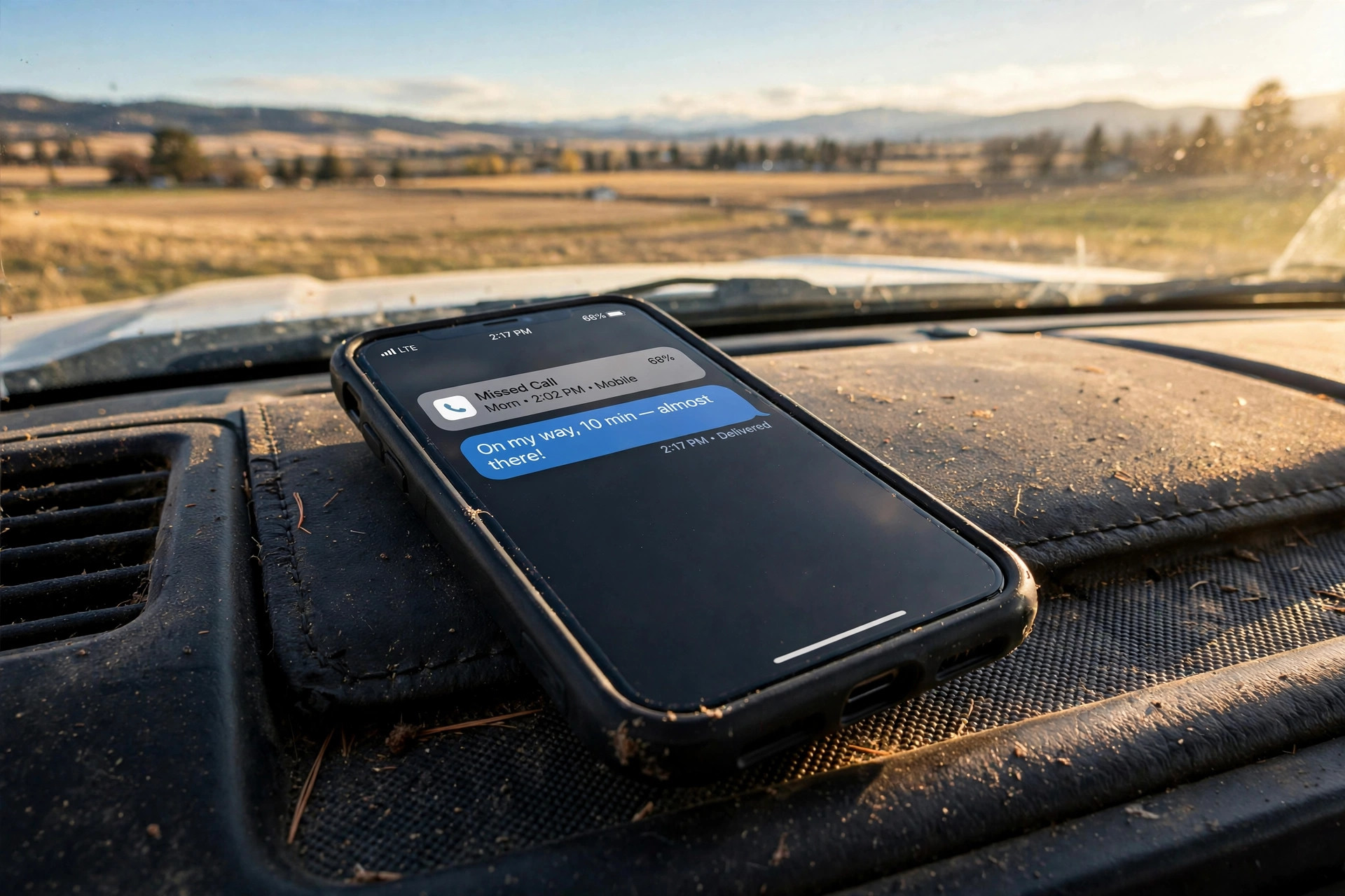 Smartphone on a truck dashboard showing a missed call and an automatic text reply