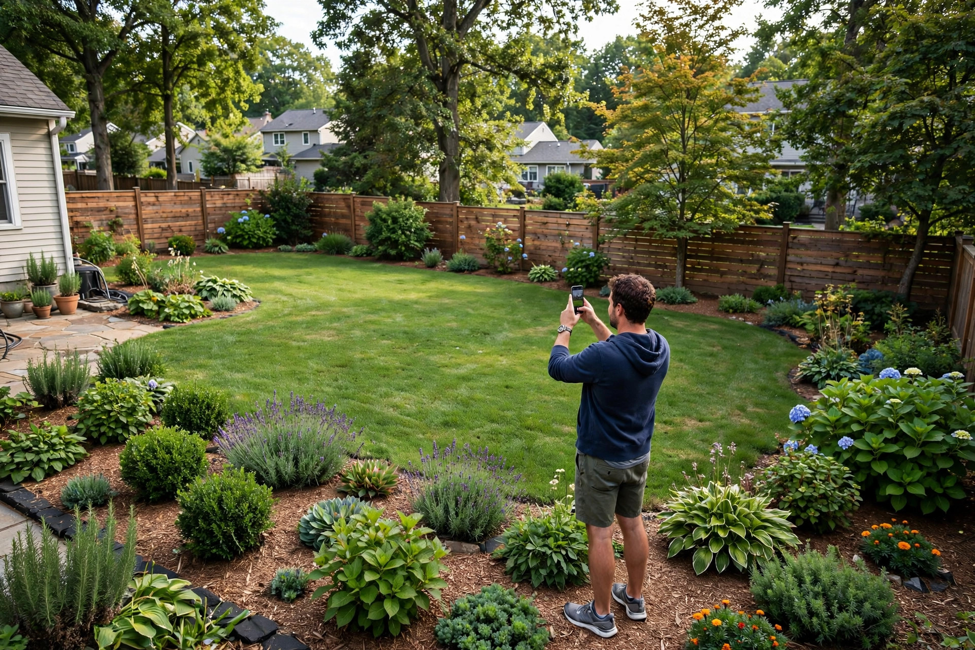 Homeowner photographing their backyard with a smartphone to send for a landscaping quote