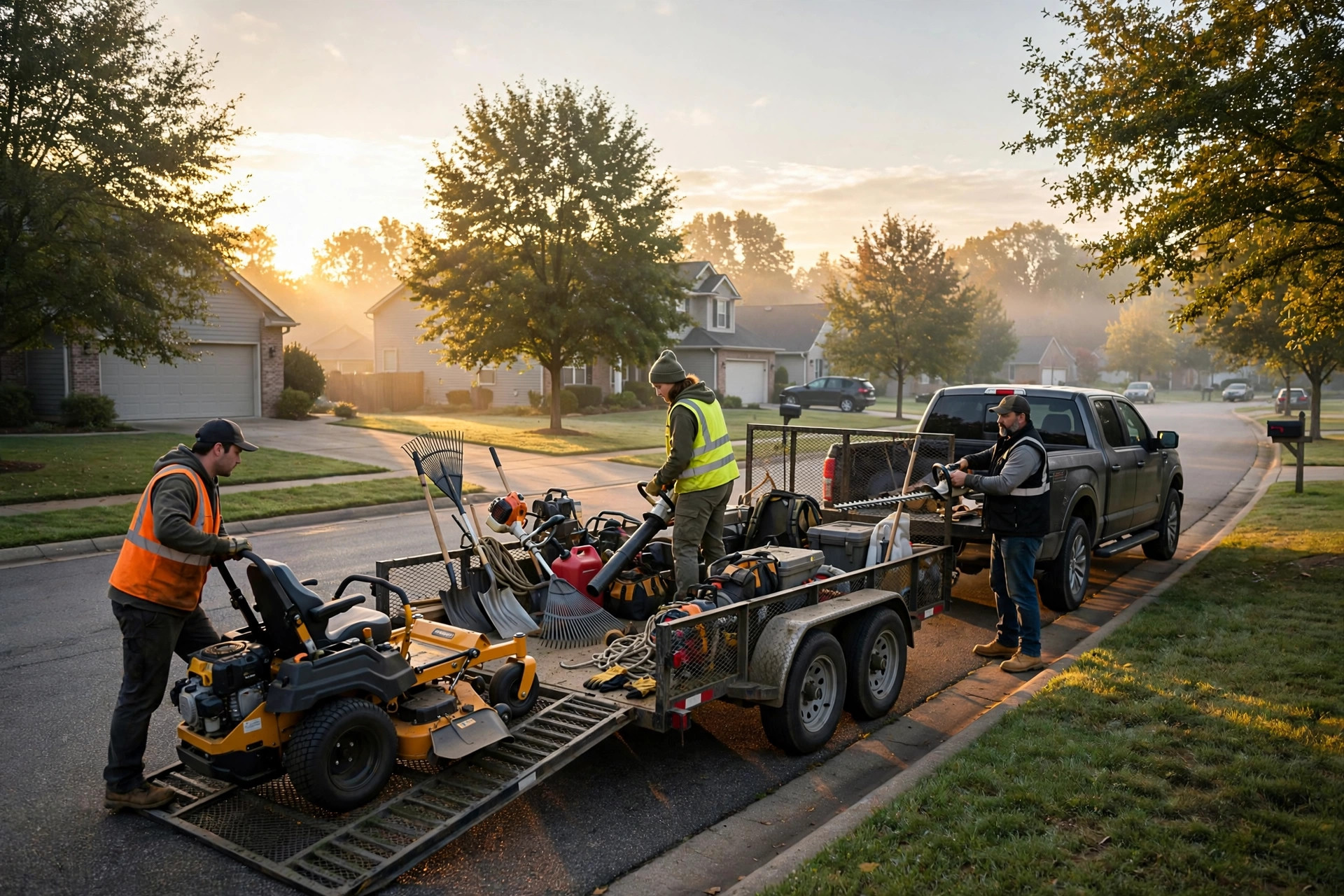 Landscaping crew loading mowers and equipment into a trailer at sunrise