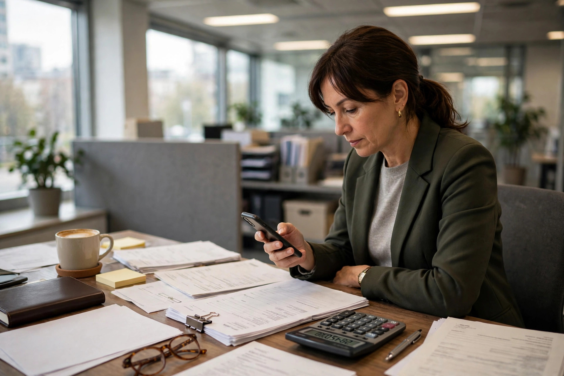 Mortgage professional texting on a smartphone at a desk with loan paperwork