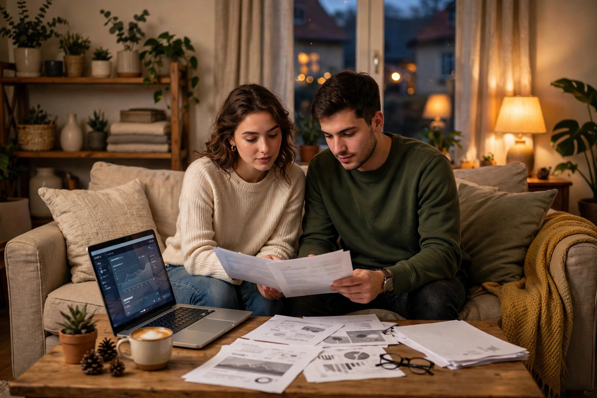 Couple reviewing mortgage pre approval documents together at home