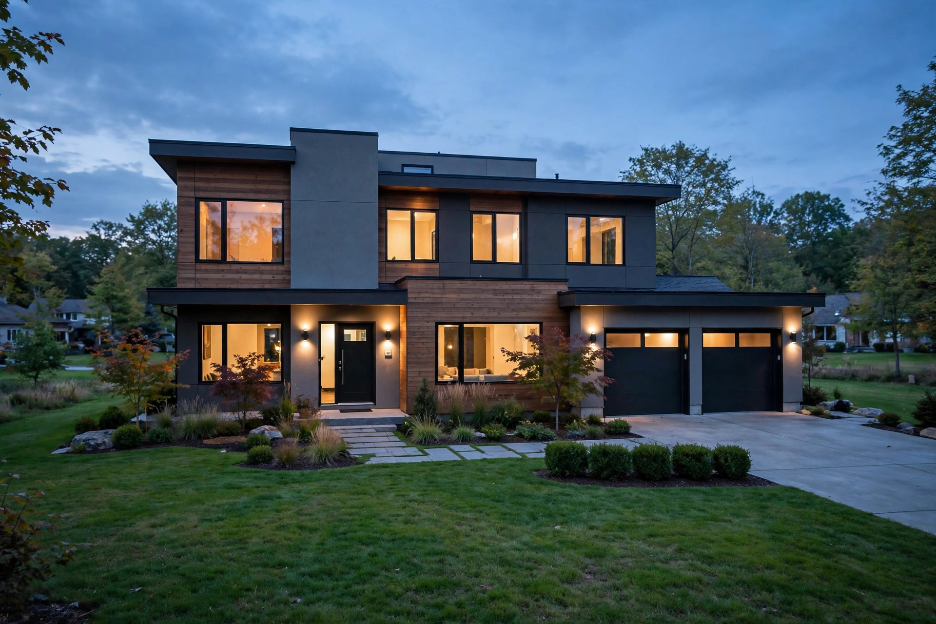 Modern suburban home exterior at dusk with warm lights in the windows