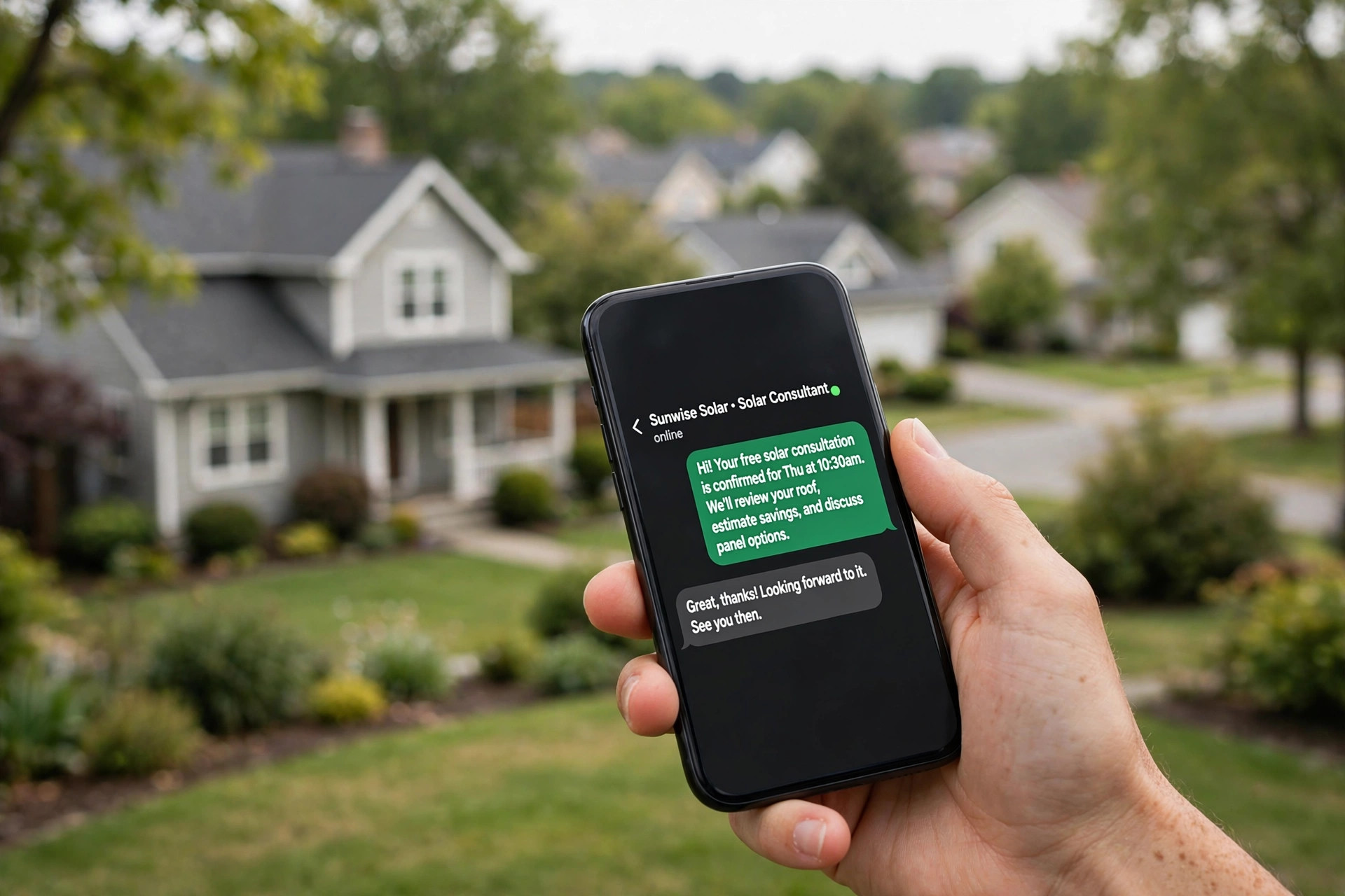 Missed Call Text Back for Solar Companies: Stop Burning Expensive Leads Hand holding a smartphone showing a text message about a solar consultation