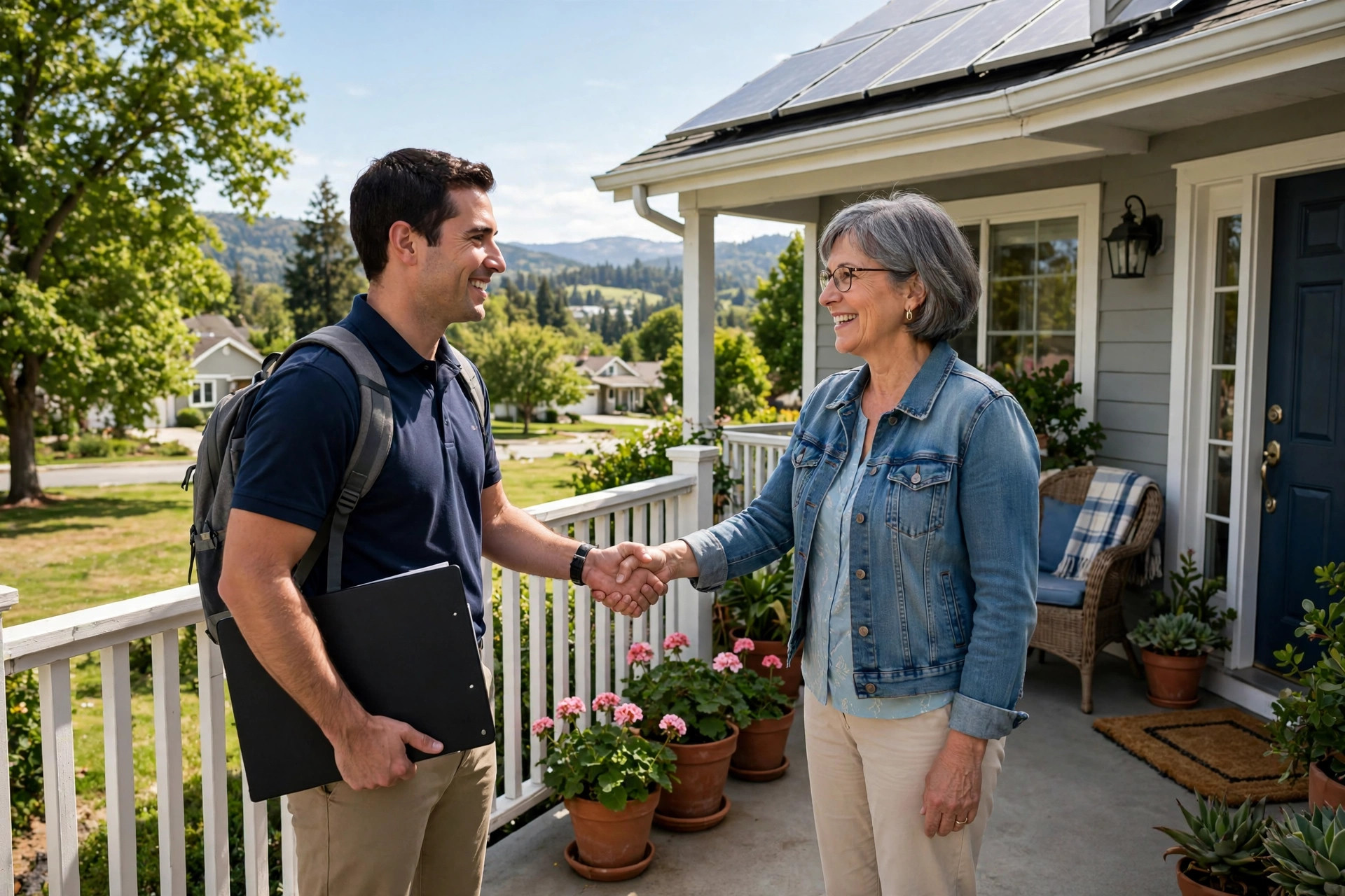 Missed Call Text Back for Solar Companies: Stop Burning Expensive Leads Solar sales consultant shaking hands with a homeowner on a front porch