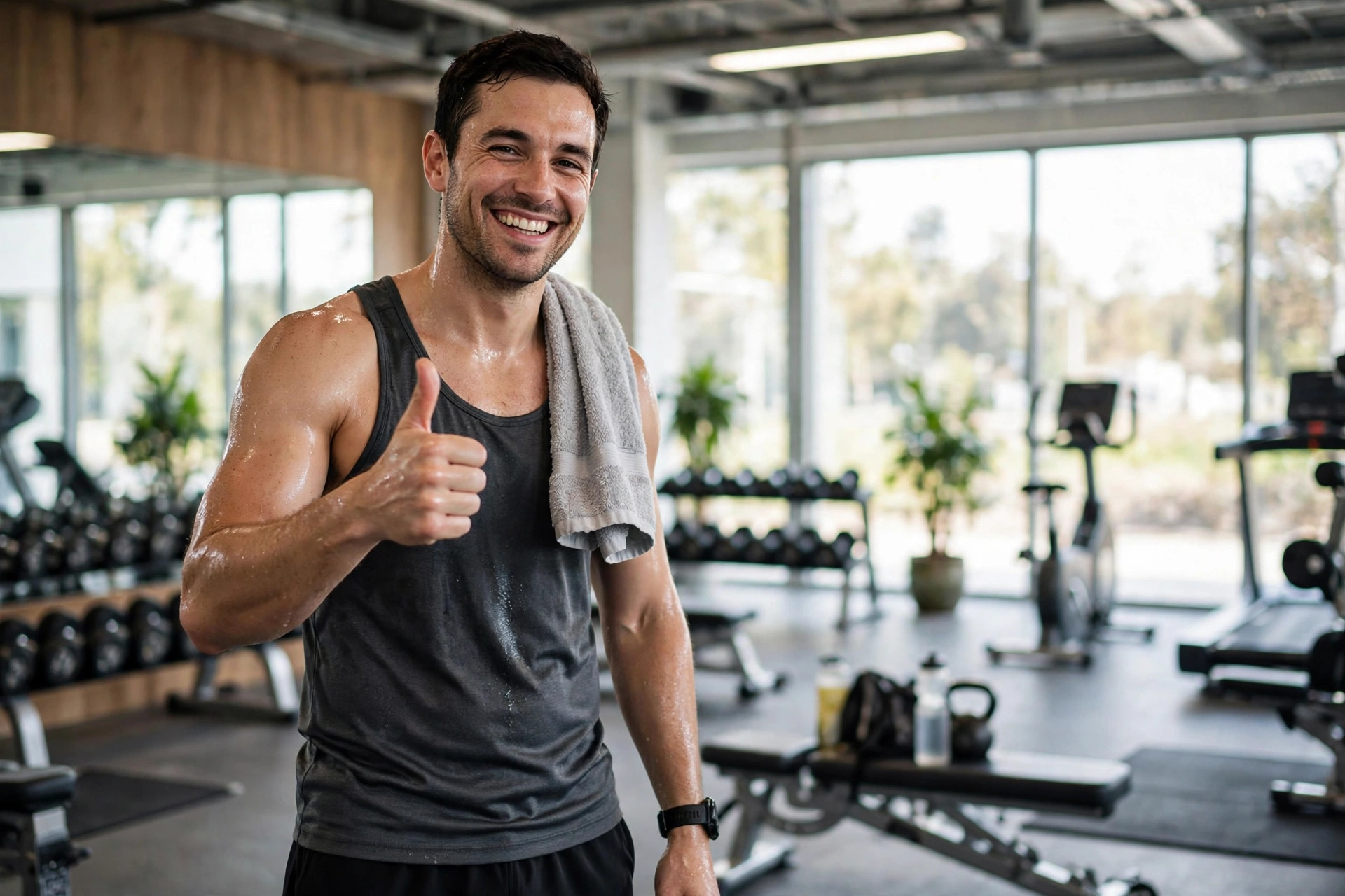 How to Get More Google Reviews for Gyms Happy gym member giving a thumbs up after a workout