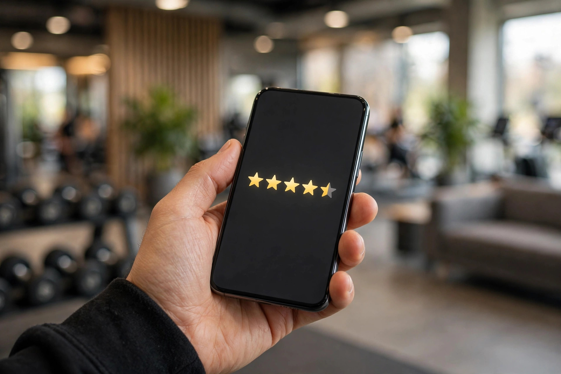 How to Get More Google Reviews for Gyms Smartphone showing a five star review screen in a gym lobby