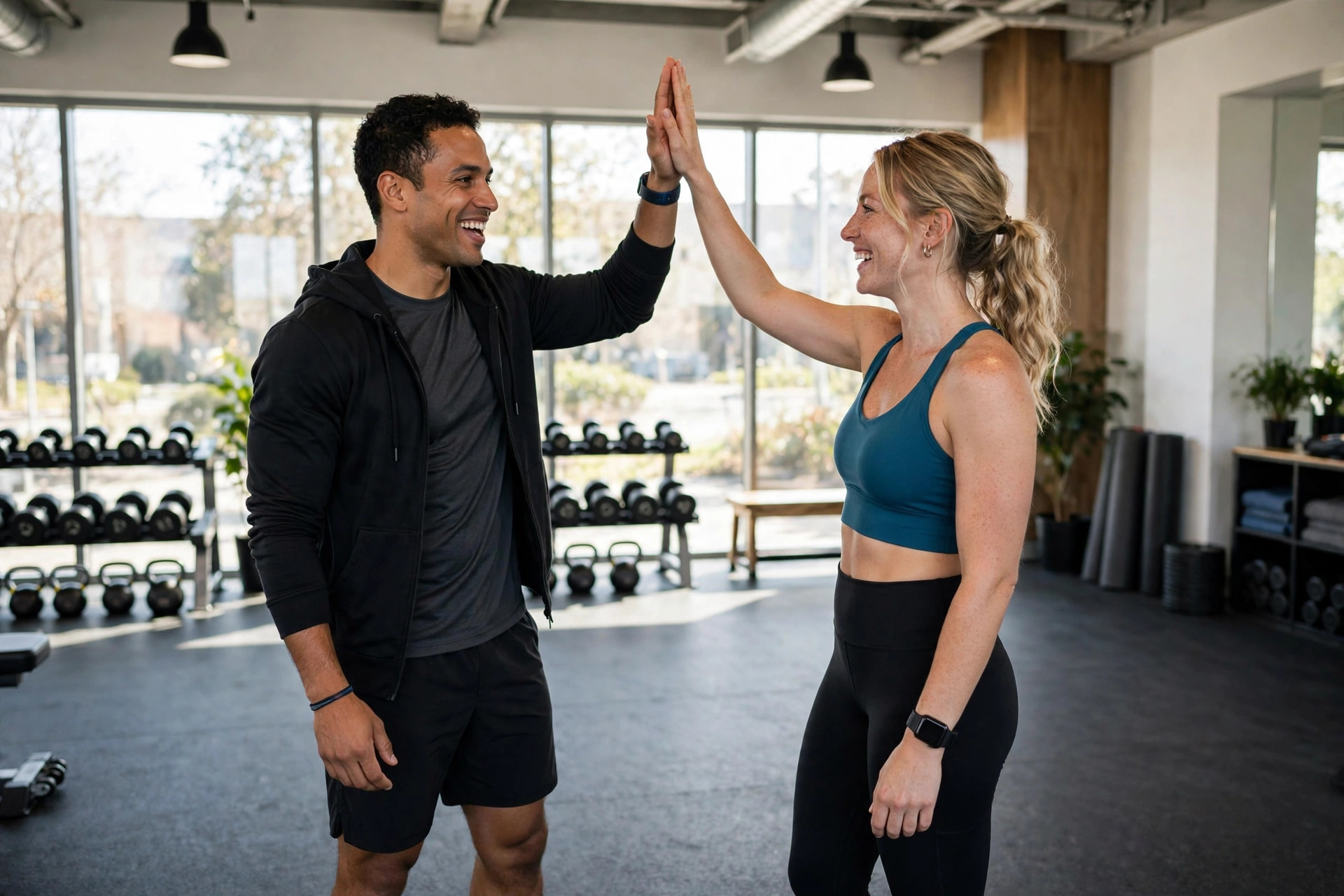 How to Get More Google Reviews for Gyms Personal trainer celebrating a client's fitness milestone with a high five
