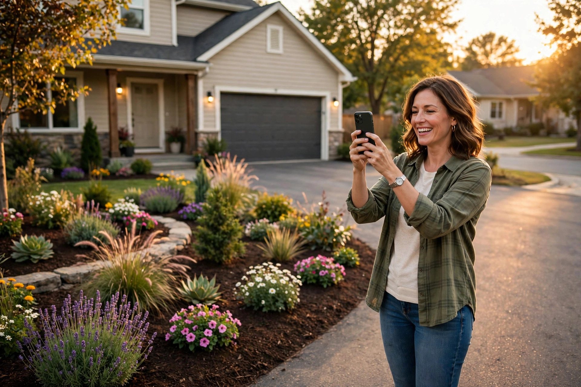 Homeowner admiring a finished landscaped front yard while holding a phone