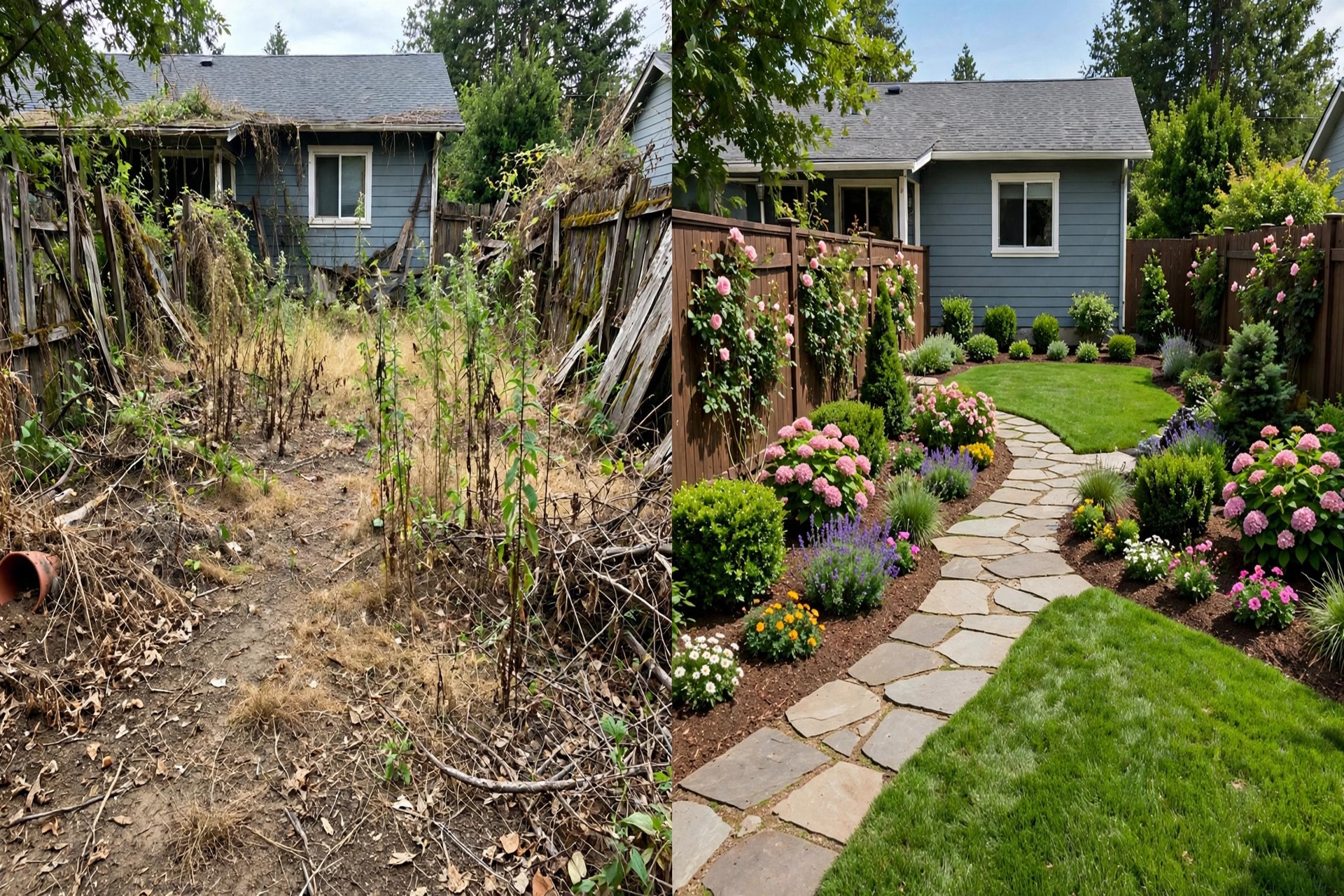Before and after split view of a renovated backyard landscaping project