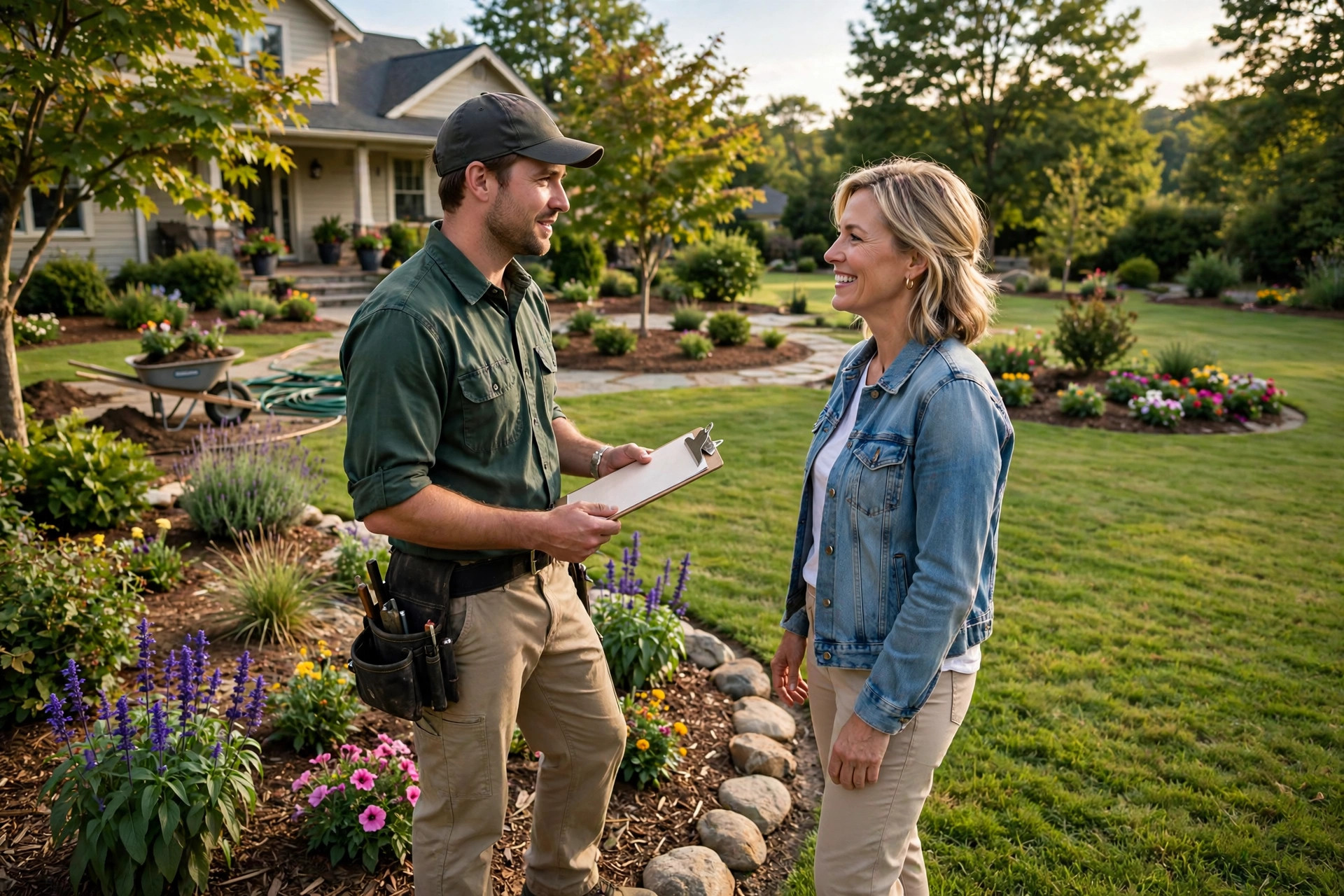 Landscaping crew leader asking a smiling homeowner for feedback at the finished job