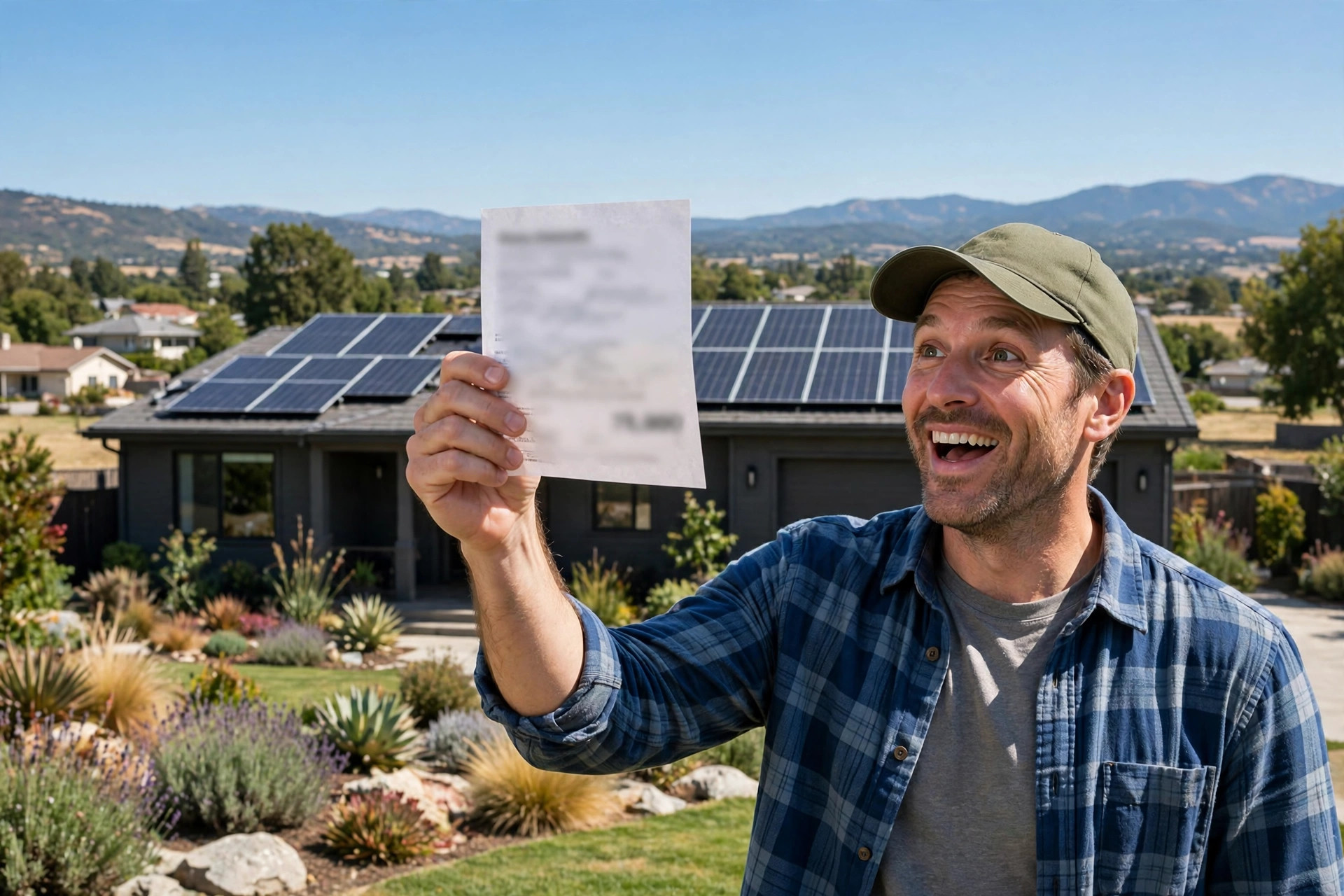 Smiling homeowner holding a lower electricity bill next to rooftop solar panels