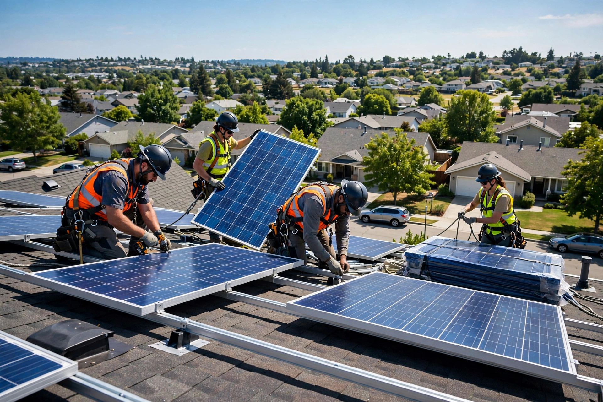 Solar installation crew mounting panels on a residential roof mid-install
