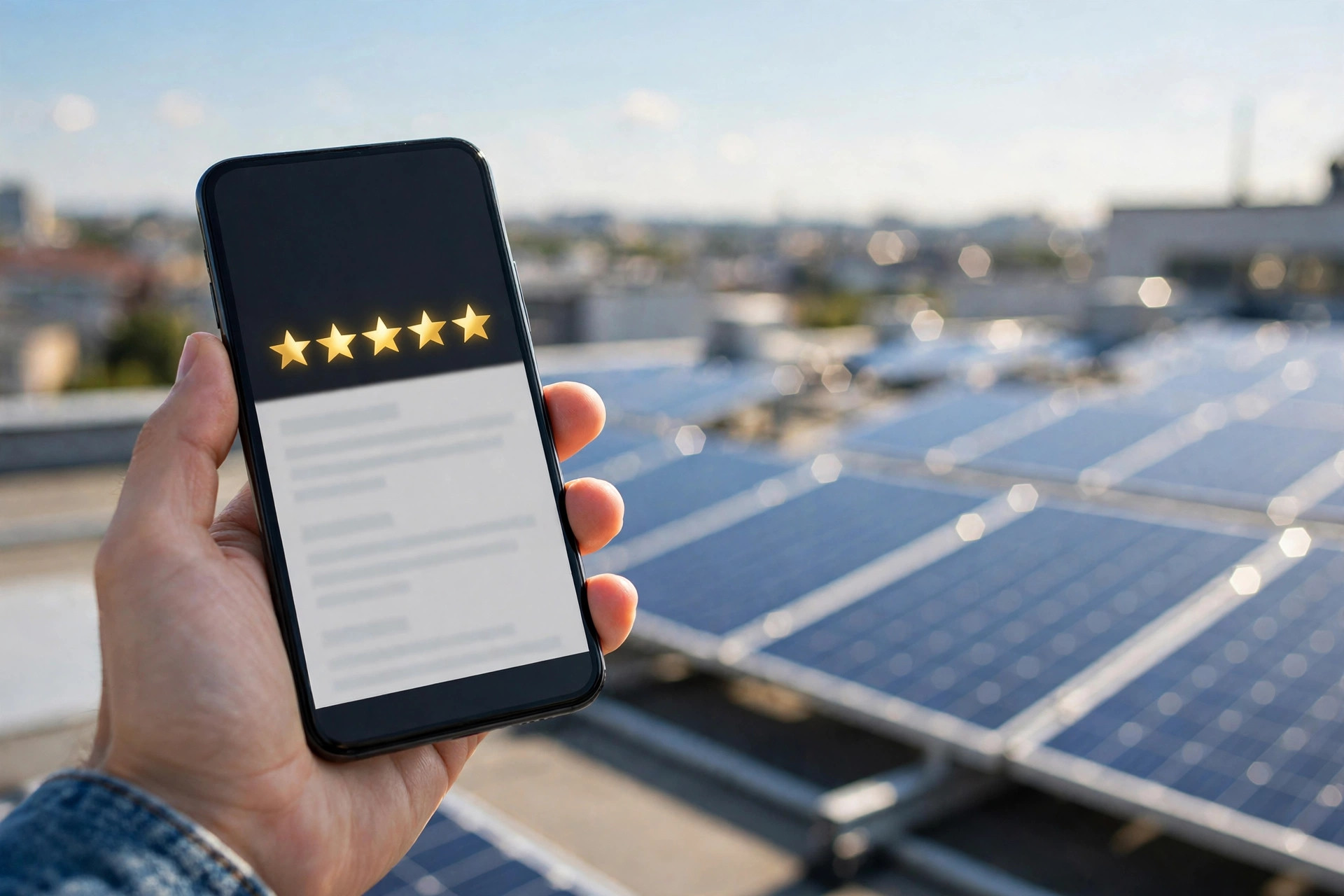 Smartphone showing a five-star review screen held next to rooftop solar panels