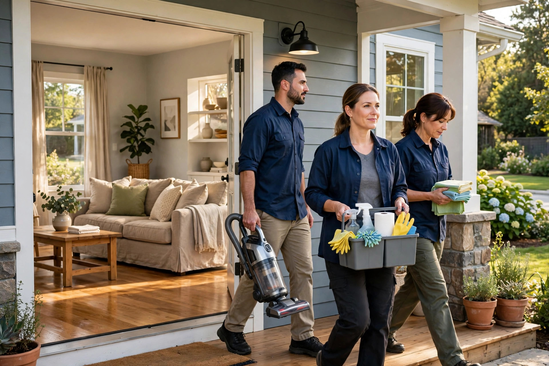 Cleaning crew leaving a sparkling freshly cleaned living room