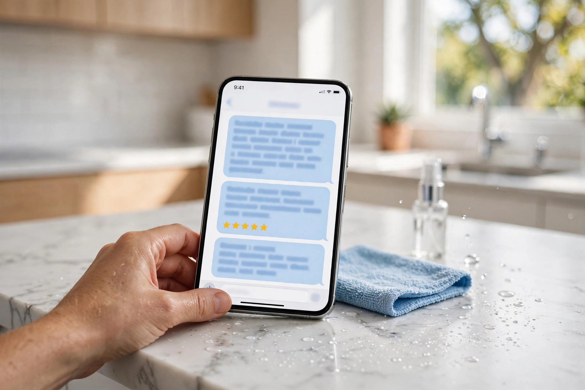 Smartphone showing a text message asking for a review after a cleaning visit
