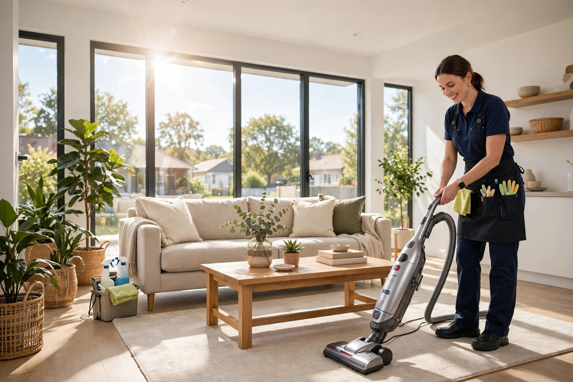 Professional cleaner with a vacuum in a bright sunlit home
