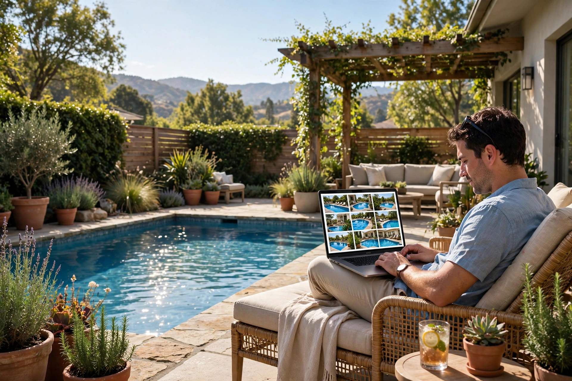 How Much Does a Pool Company Website Cost Person browsing a pool company website on a laptop beside a swimming pool