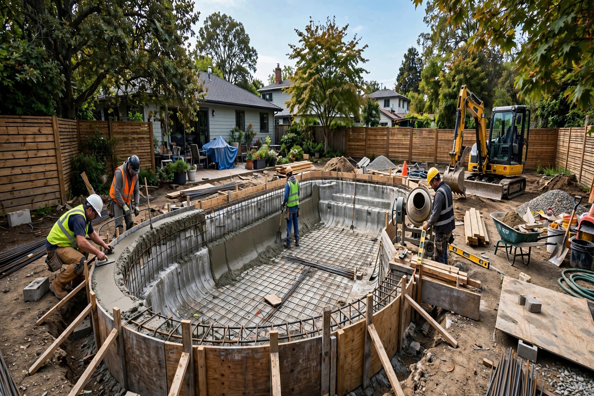 How Much Does a Pool Company Website Cost Pool construction crew working on a new concrete pool shell