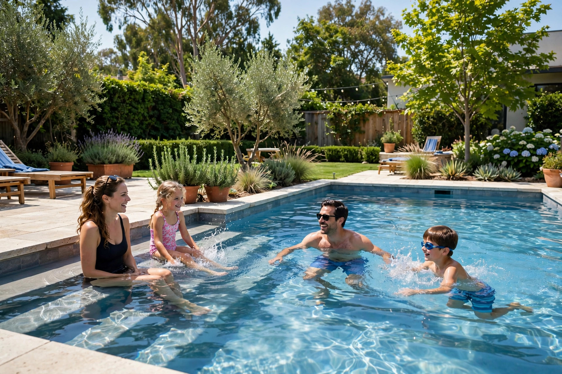 How Much Does a Pool Company Website Cost Family enjoying a finished backyard swimming pool on a sunny day
