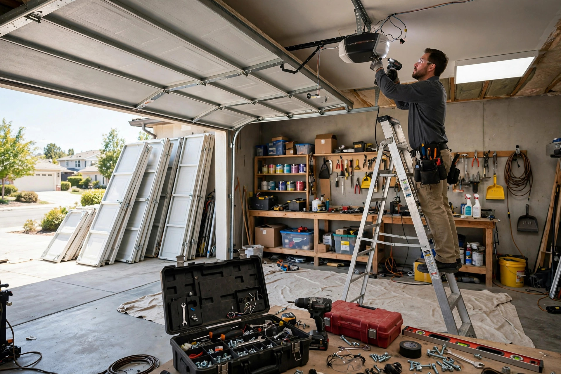 Technician installing a garage door opener on a residential garage ceiling