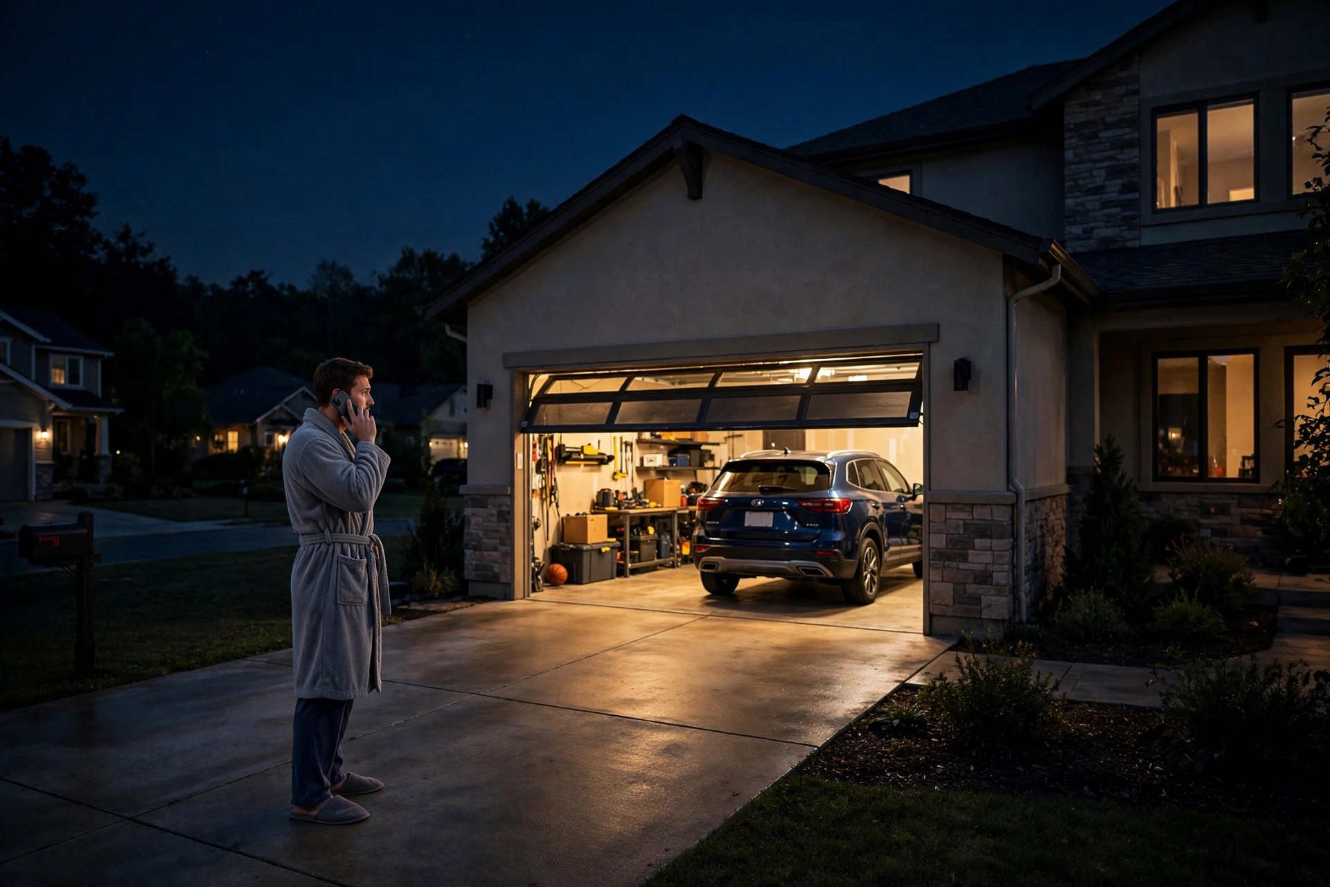 Homeowner calling for emergency garage door repair at night from a driveway
