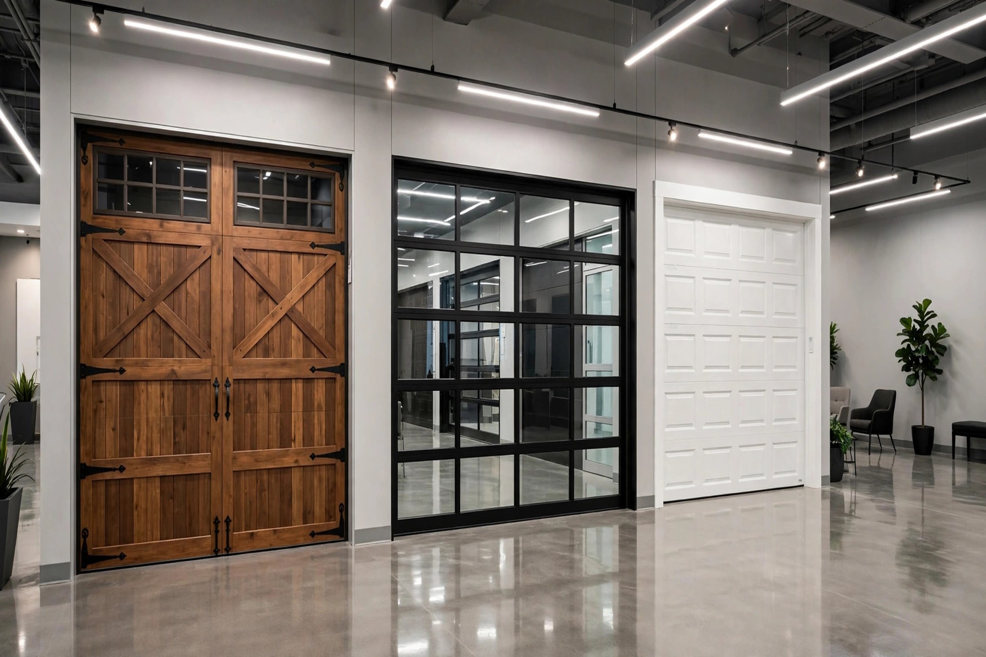 Row of garage door styles displayed in a bright showroom