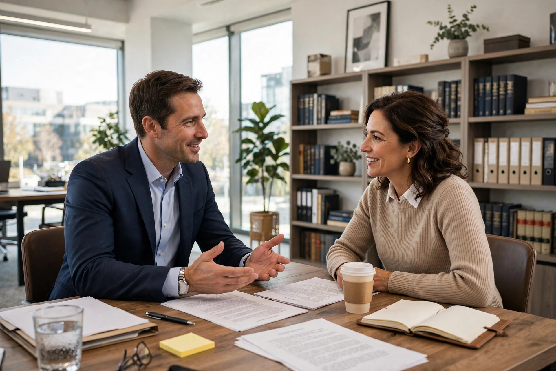 Attorney consulting with a client across a desk in a modern office