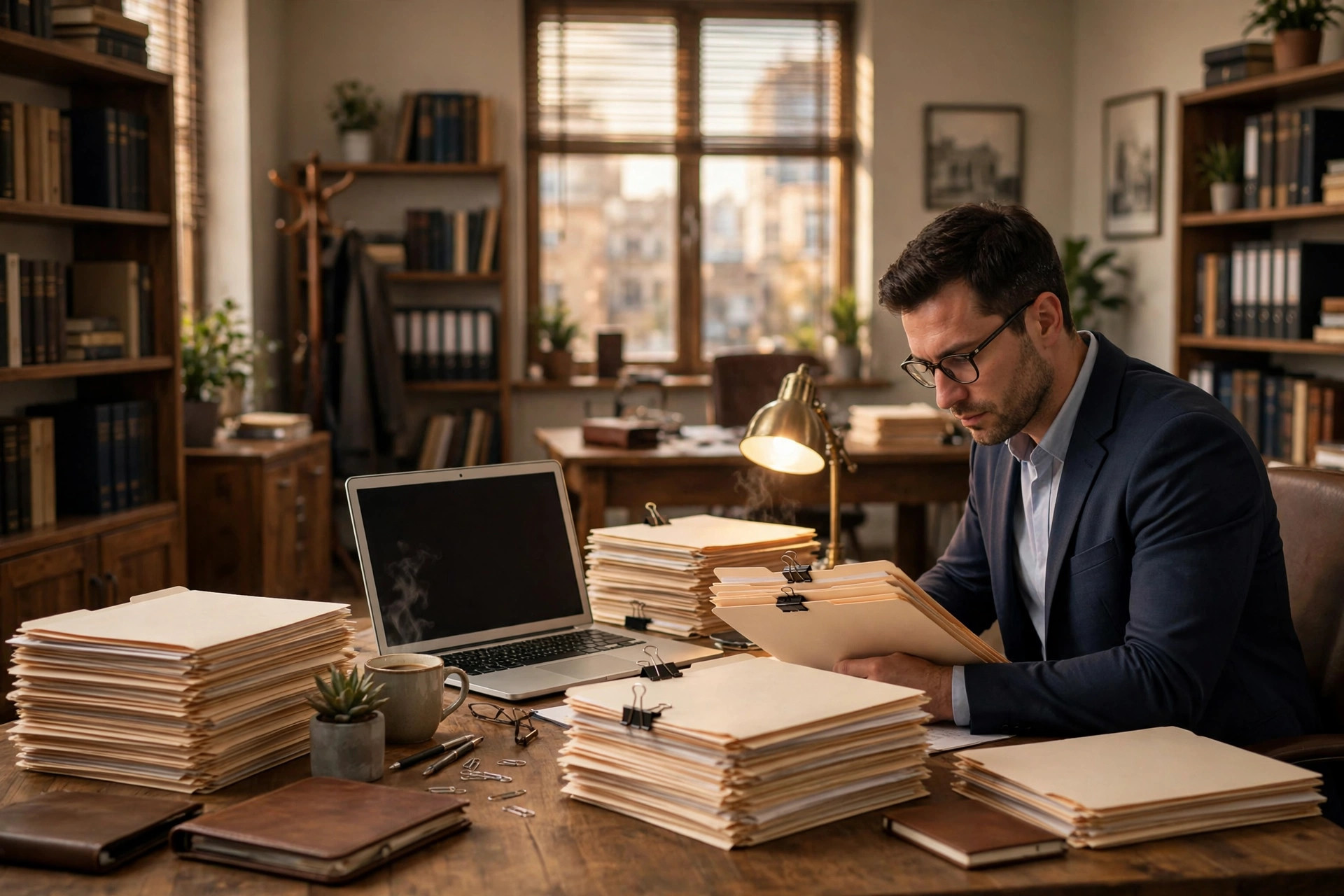 Lawyer reviewing case files with a laptop in a law office