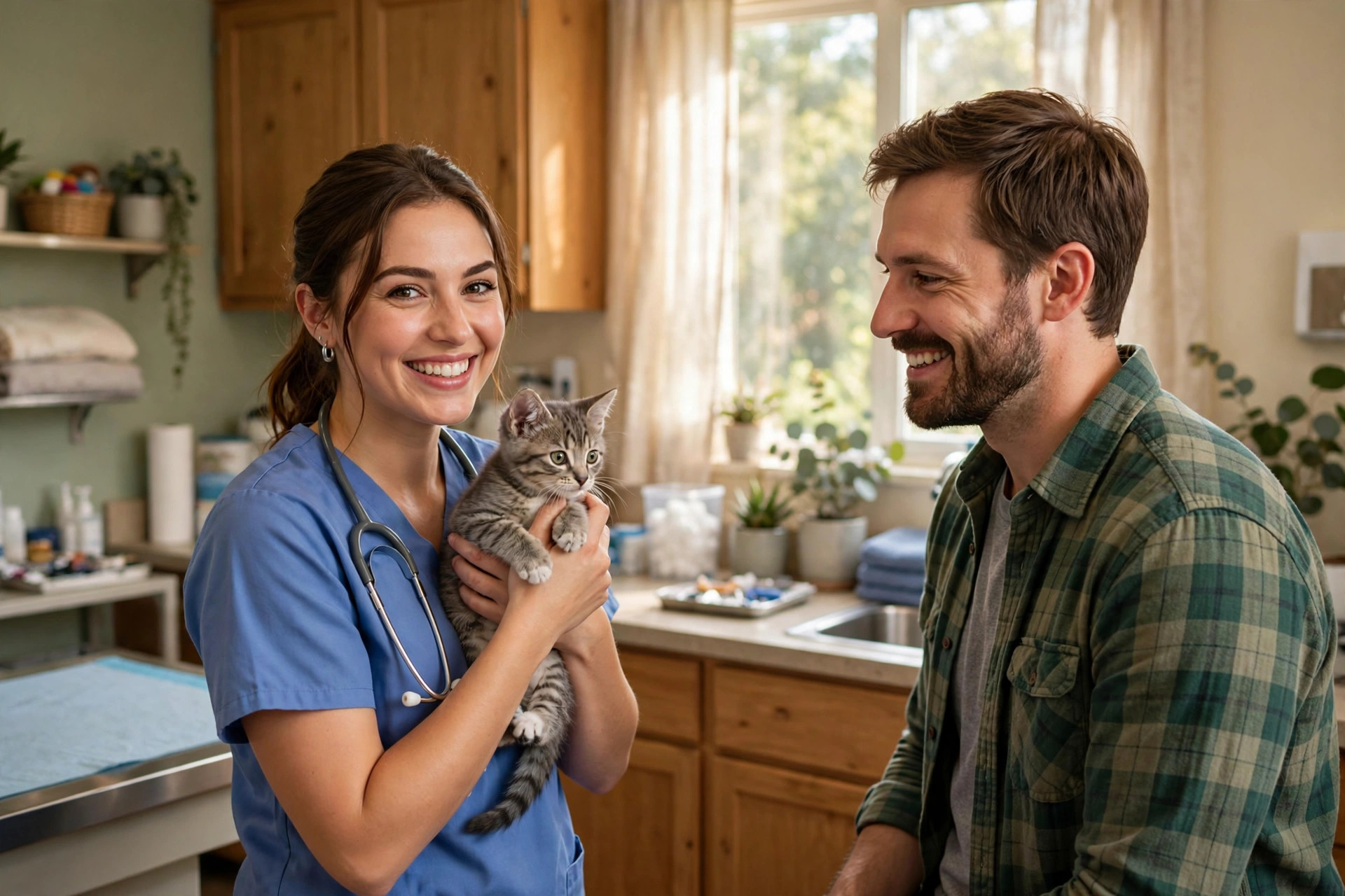 Vet Clinic Marketing Ideas to Fill the Appointment Book Vet tech holding a kitten while a smiling pet owner watches in a clinic exam room