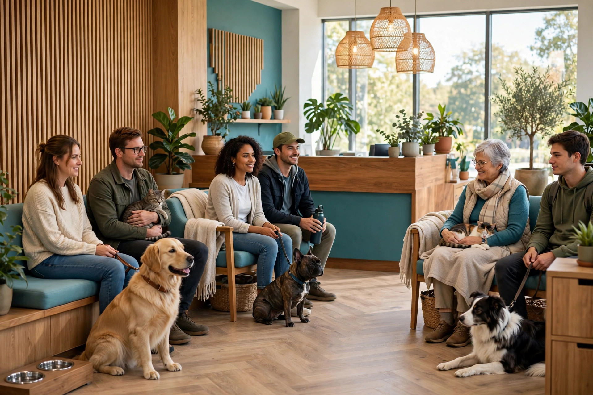 Vet Clinic Marketing Ideas to Fill the Appointment Book Pet owners with dogs and cats waiting in a modern veterinary clinic reception area