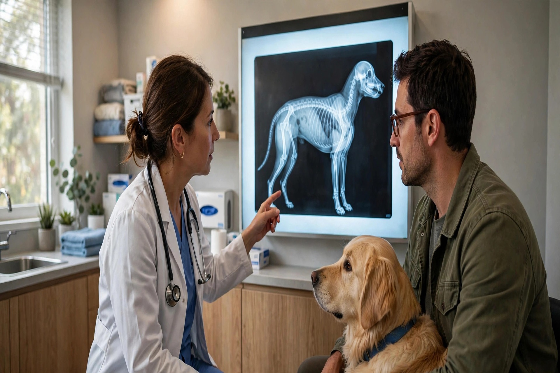 Vet Clinic Marketing Ideas to Fill the Appointment Book Veterinarian explaining an x-ray image to a dog owner in a clinic consultation room