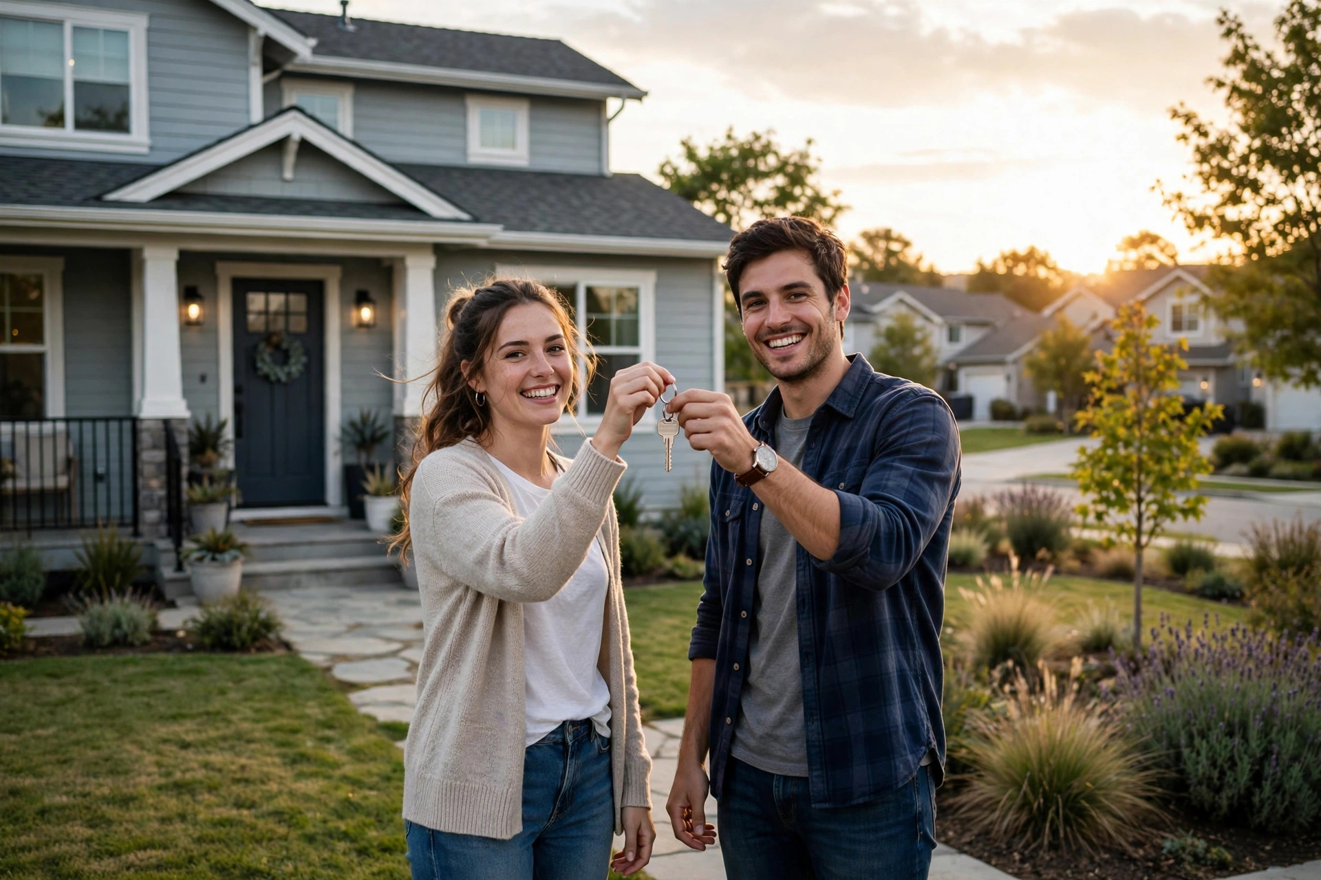 Happy young couple holding house keys together in front of their new home