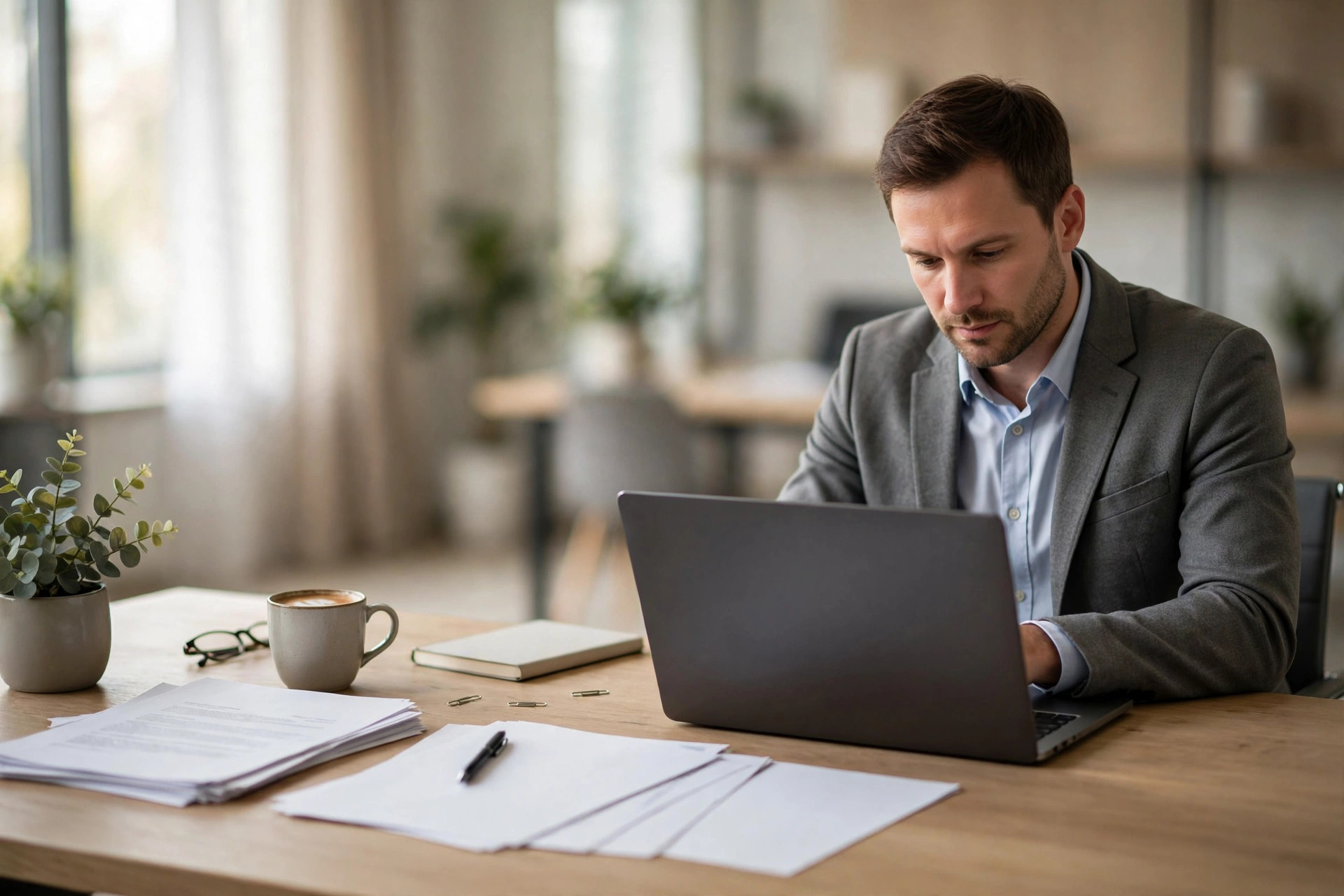 Mortgage advisor reviewing loan documents on a laptop at a modern office desk