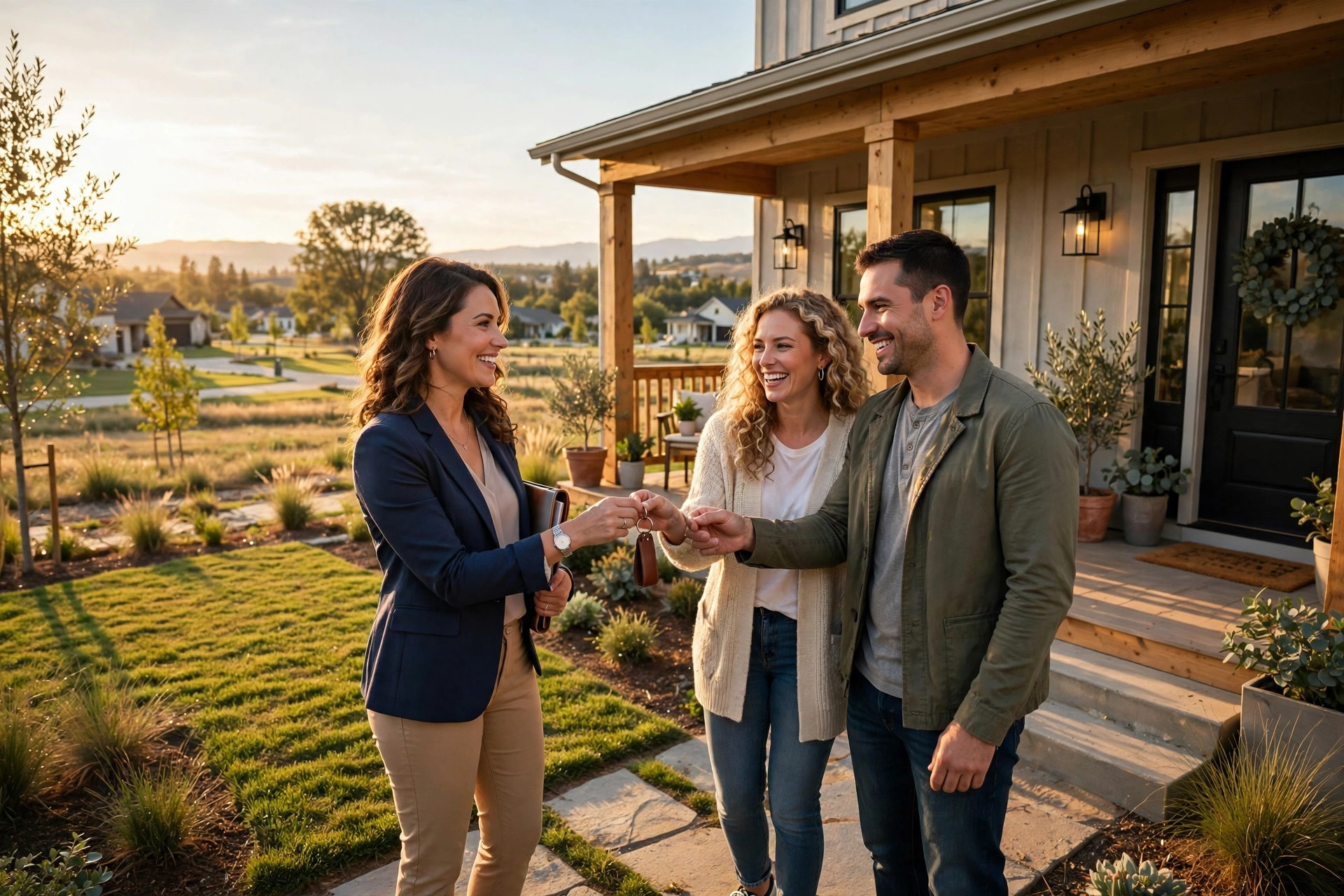 Real estate agent handing house keys to happy home buyers on a front porch
