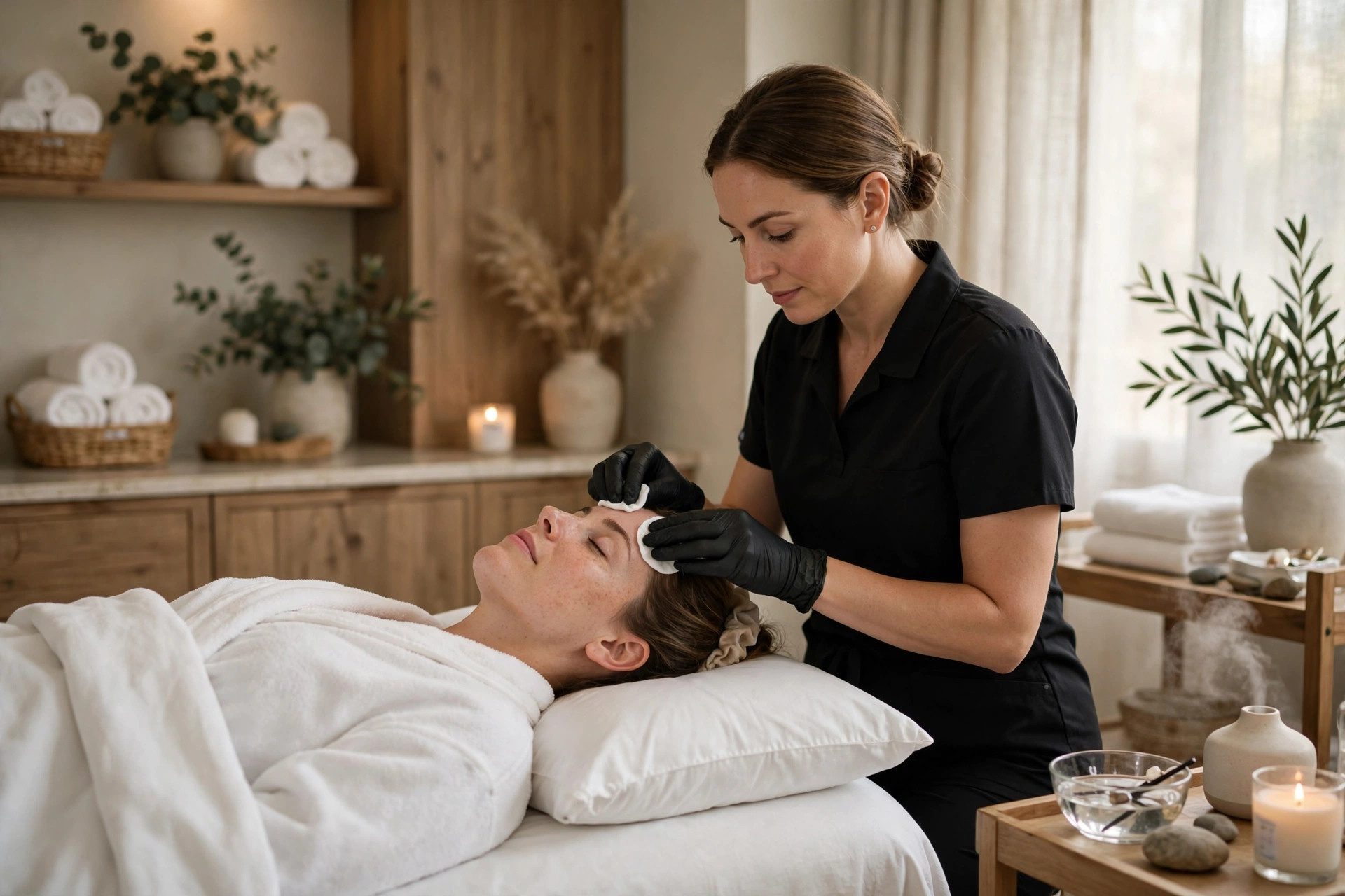 Esthetician performing a relaxing facial treatment on a client in a softly lit med spa