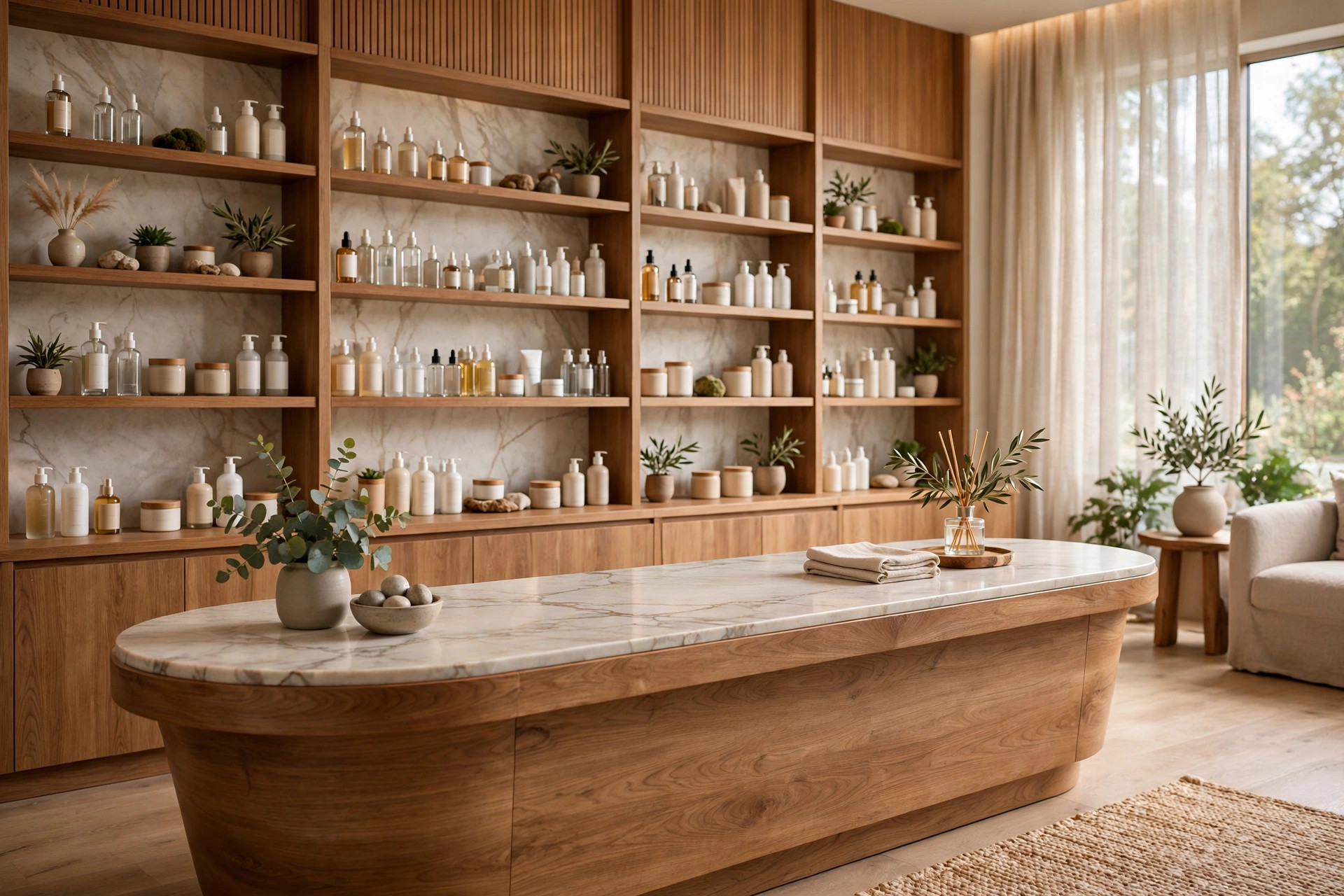 Elegant med spa reception desk with a tasteful skincare product display
