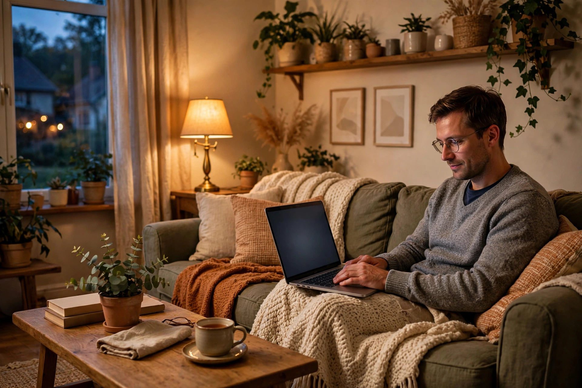 Homeowner reading an email newsletter on a laptop while relaxing at home