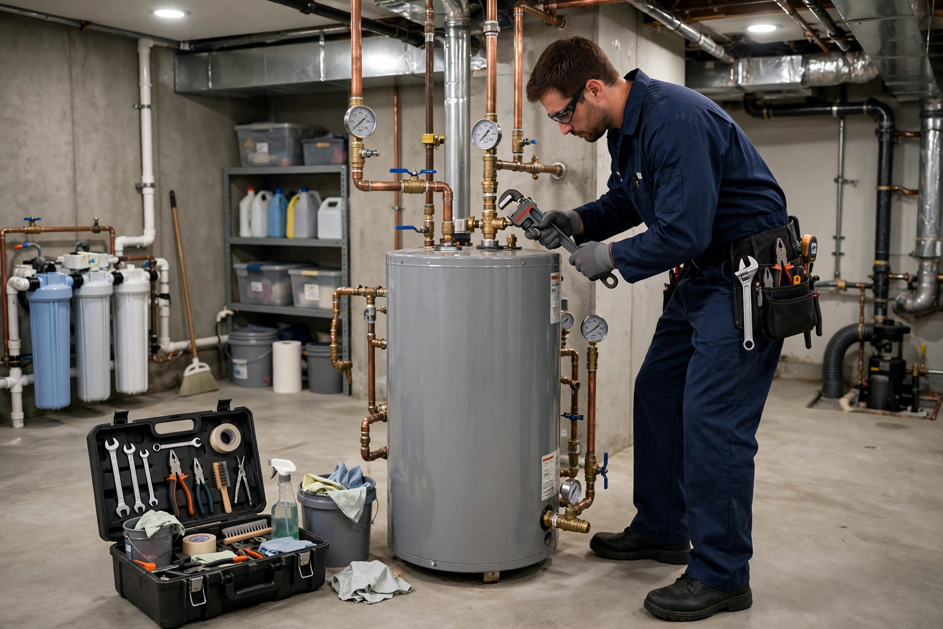 Plumber performing annual maintenance on a residential water heater in a basement