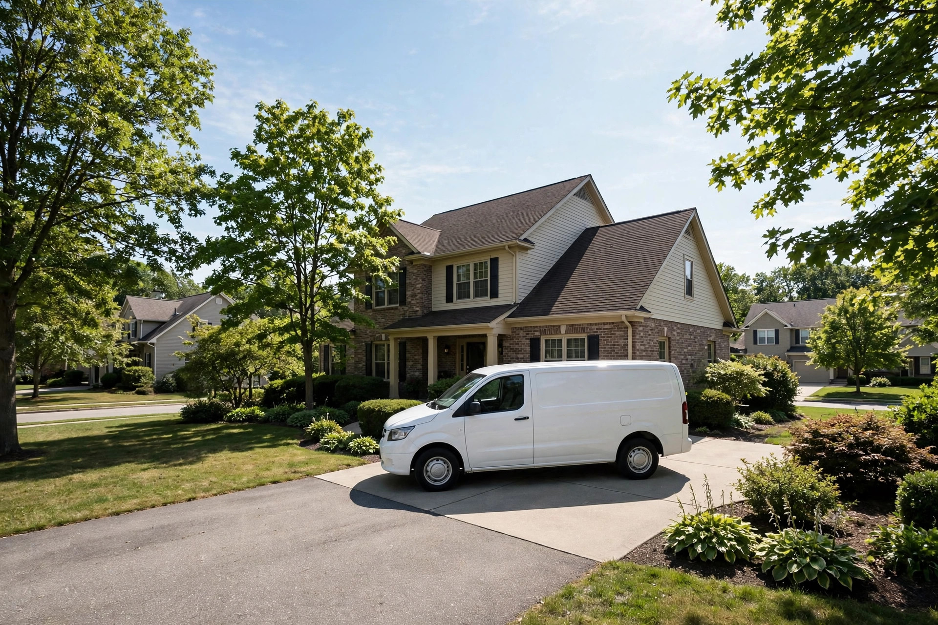 Plumbing service van parked in a sunny suburban driveway in front of a home