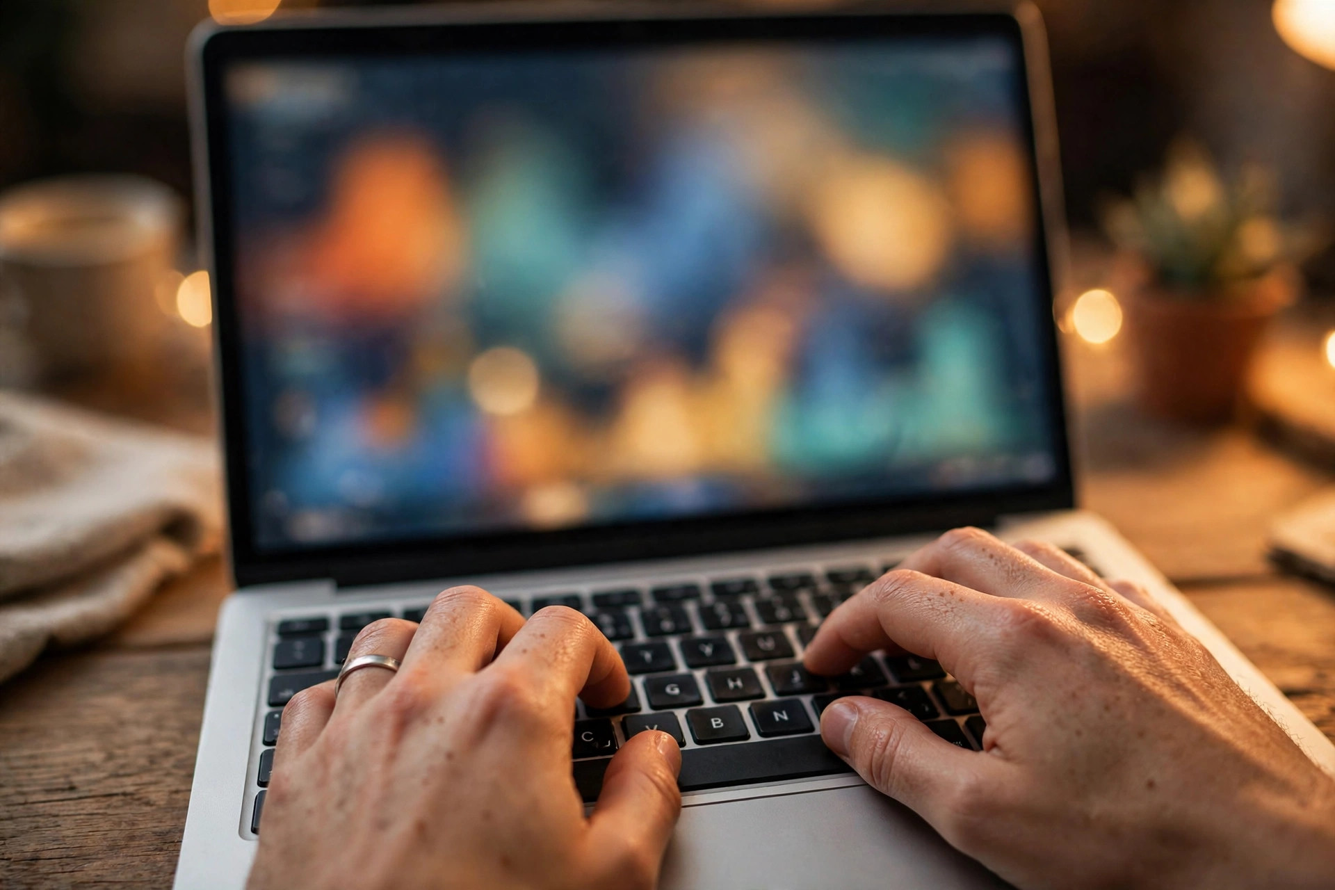 Close-up of hands on a laptop with a blurred advertising dashboard on screen