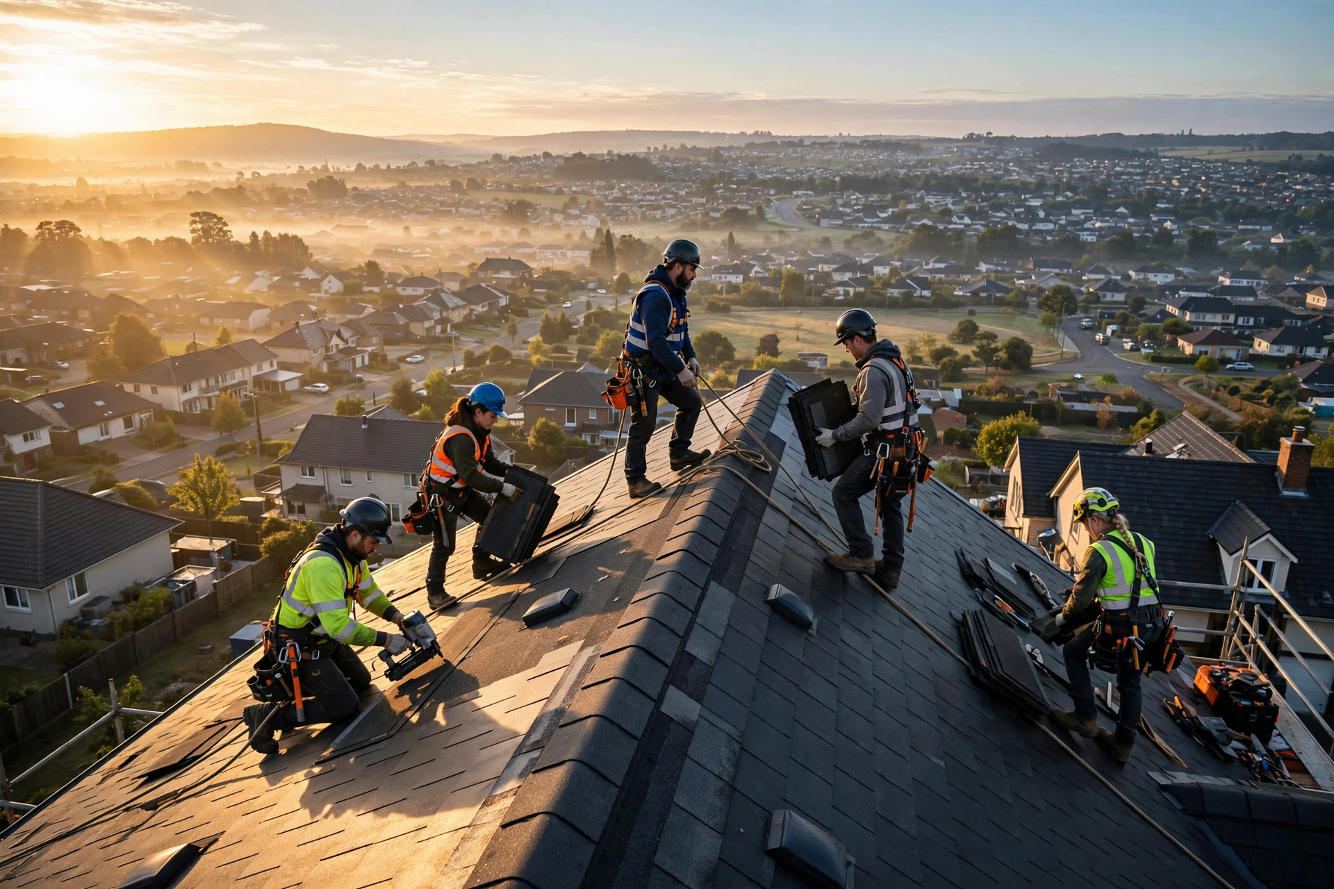 Roofing crew working on a steep residential roof at sunrise
